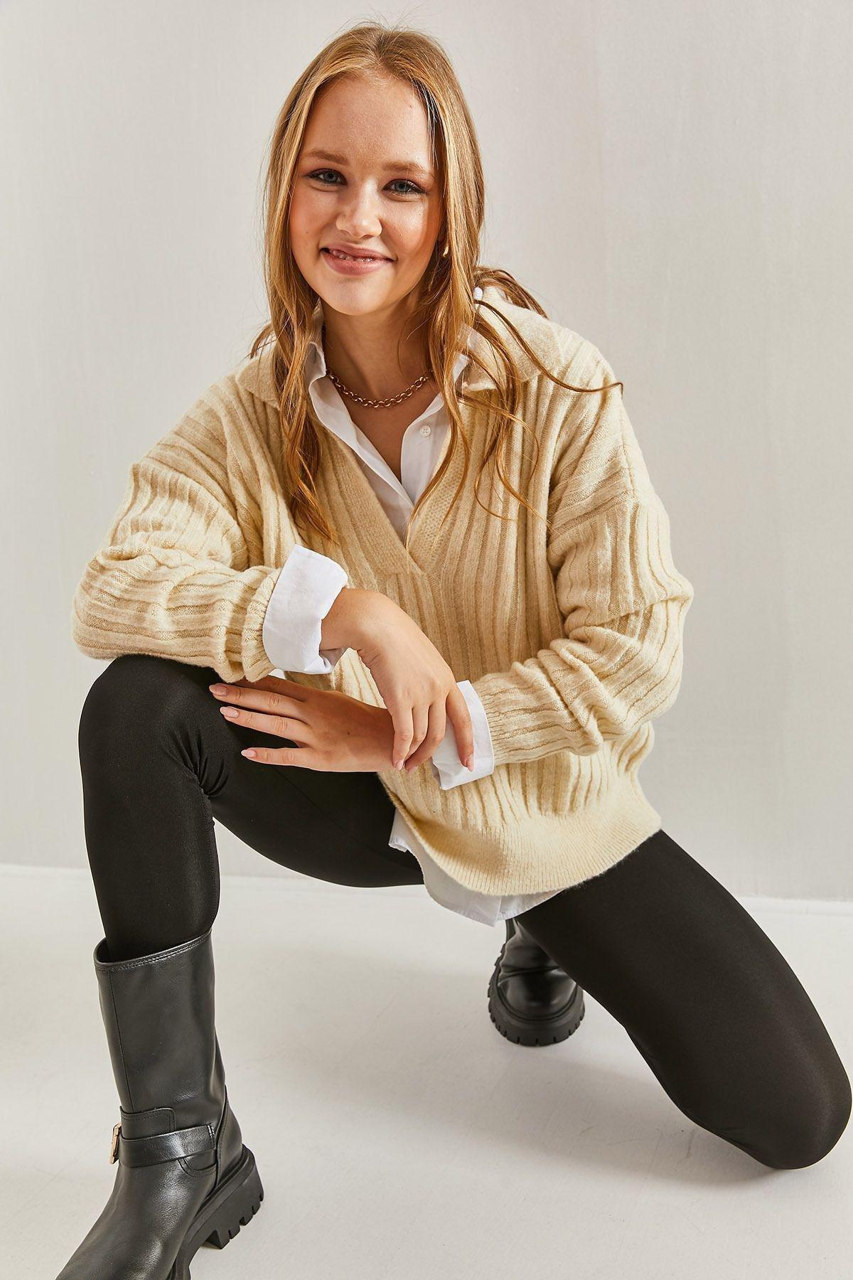 Textured Ribbed Polo Neck Sweater, Ecru, large image number 6