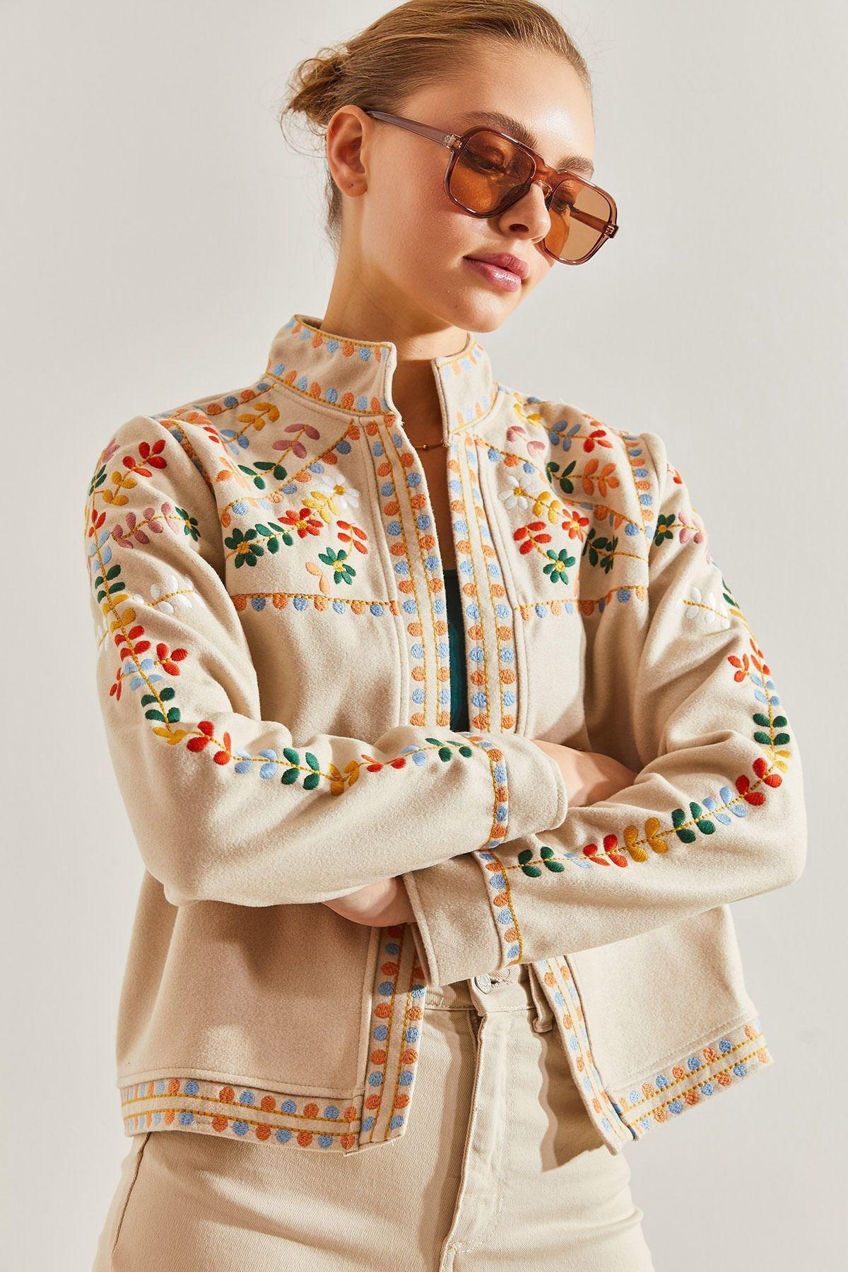 Cream Embroidered Multi Pattern Jacket, , large image number 0