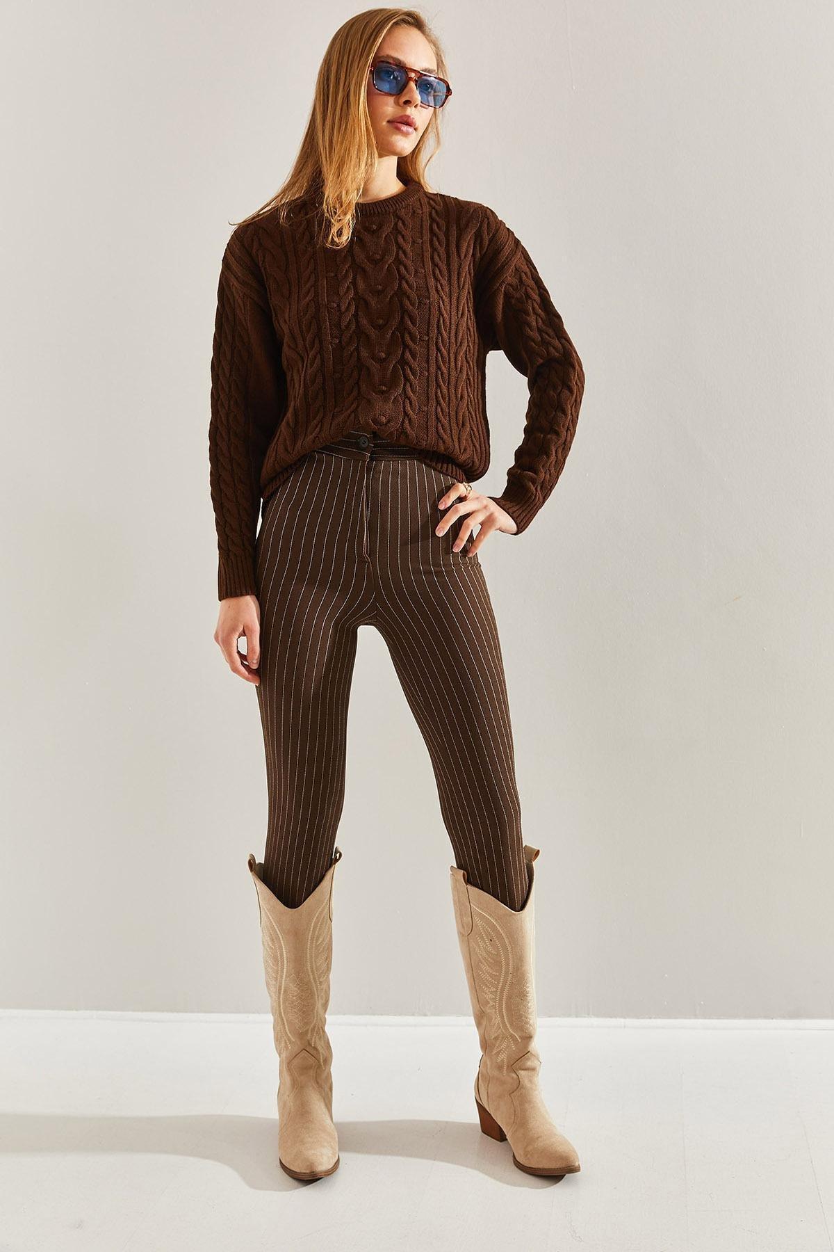 Brown Striped Palazzo Pants, , medium