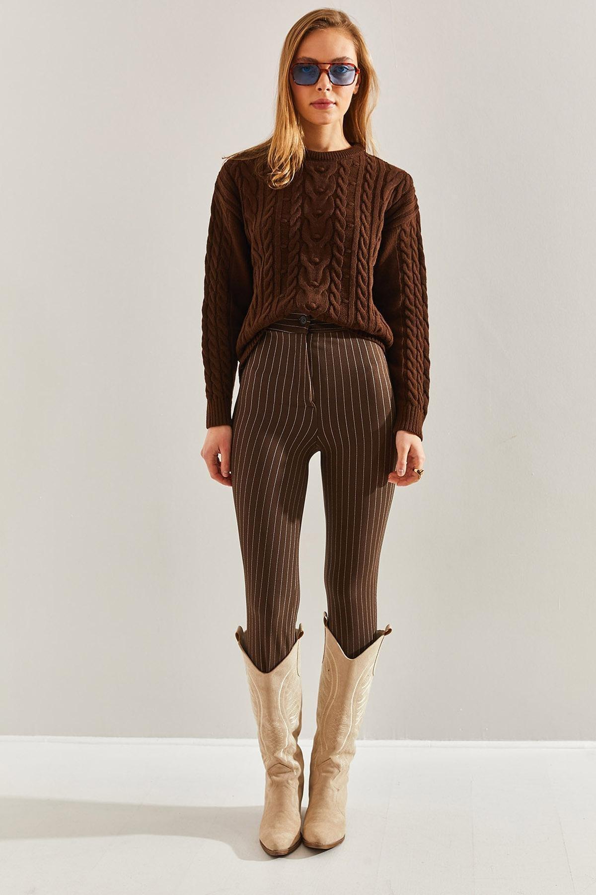بنطال بالازو بنمط مخطط، بني, Brown, large image number 1