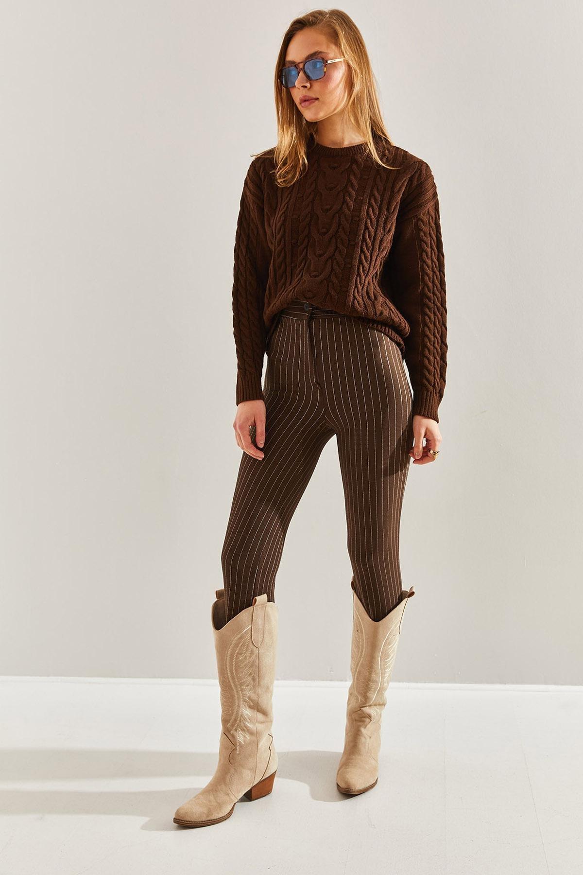 بنطال بالازو بنمط مخطط، بني, Brown, large image number 2
