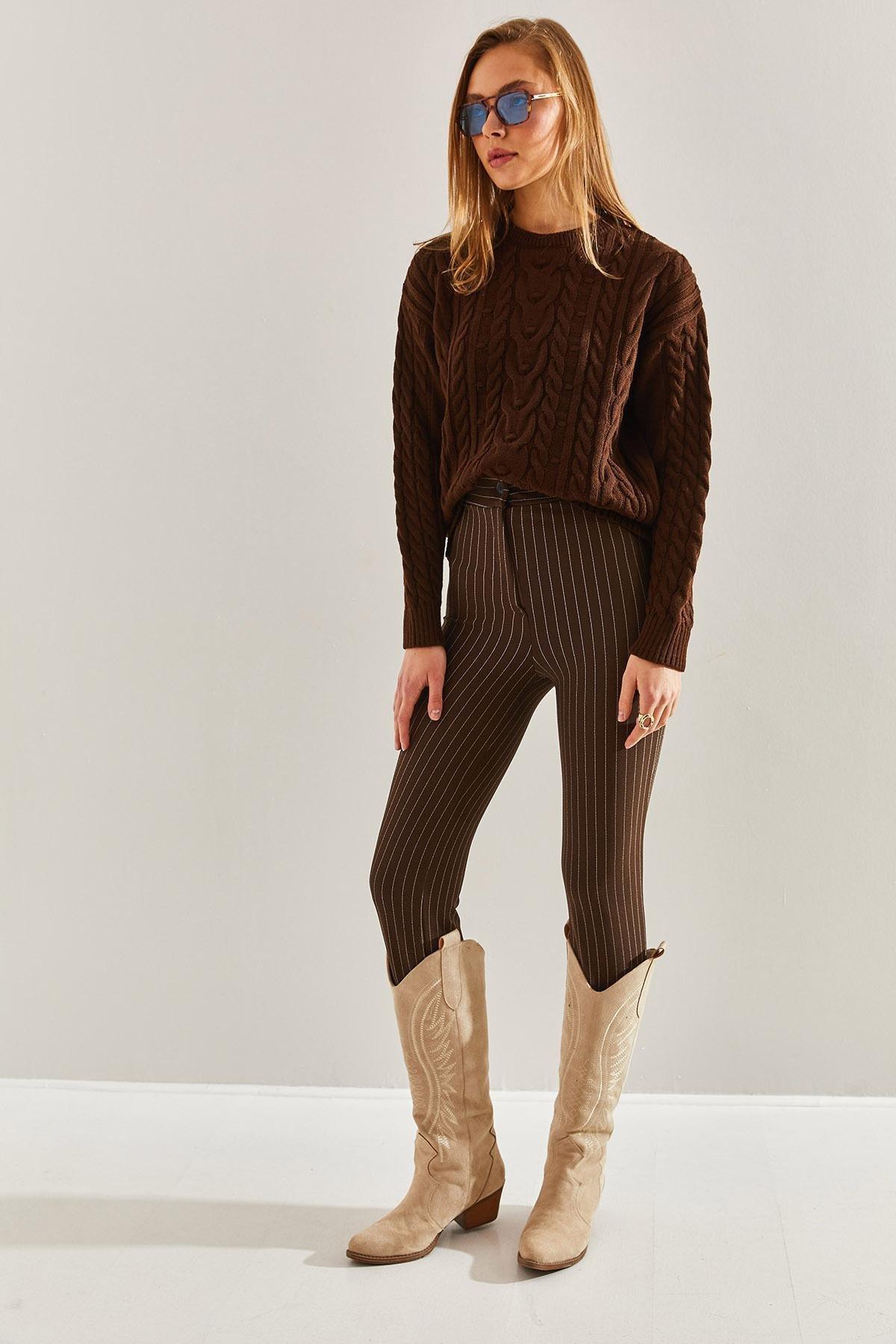 بنطال بالازو بنمط مخطط، بني, Brown, large image number 3