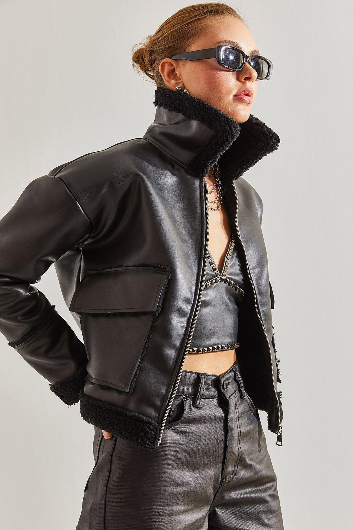 Black Leather Plush Coat, C101_5720, large image number 0