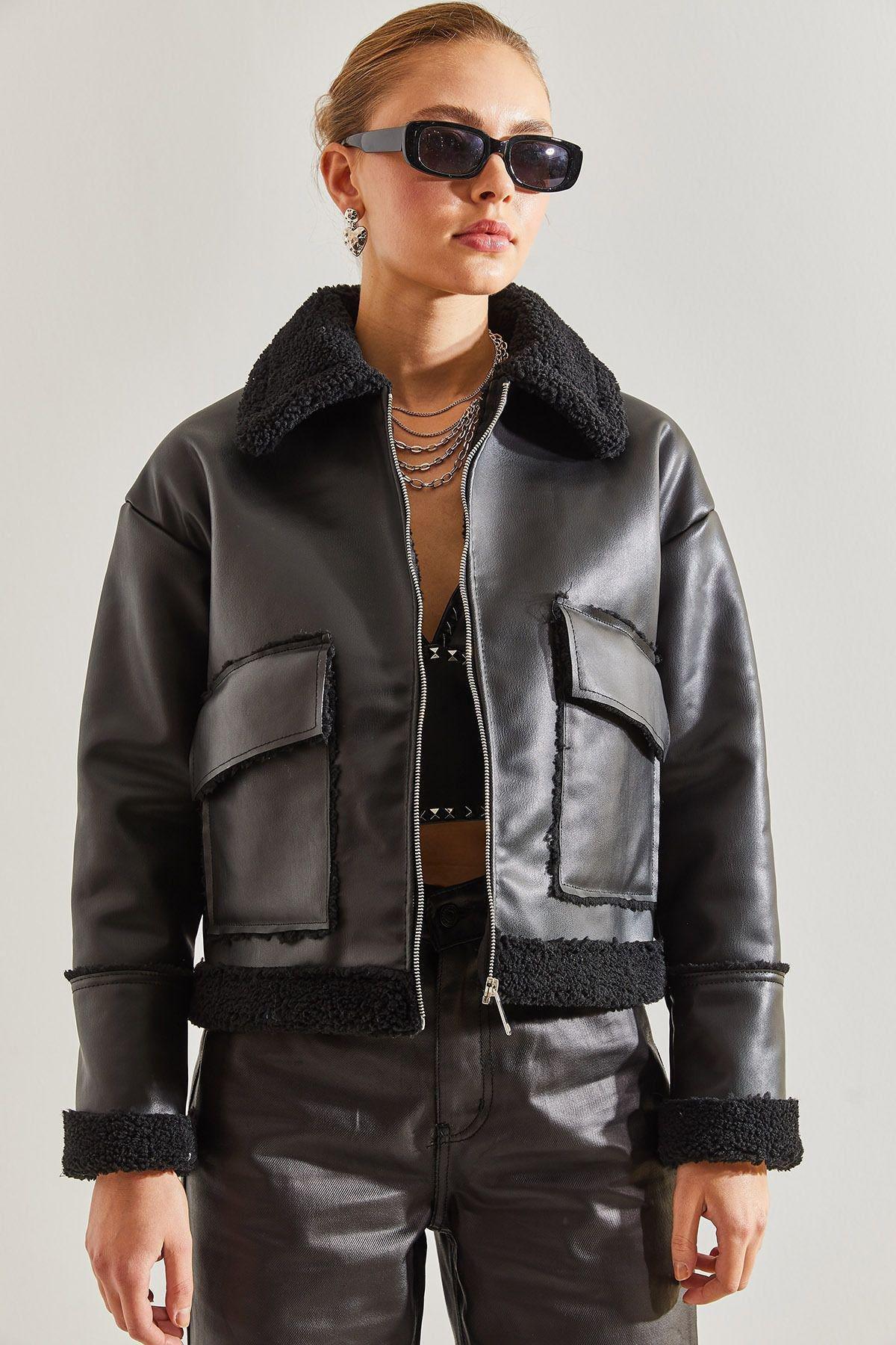 Black Leather Plush Coat, C101_5720, large image number 1