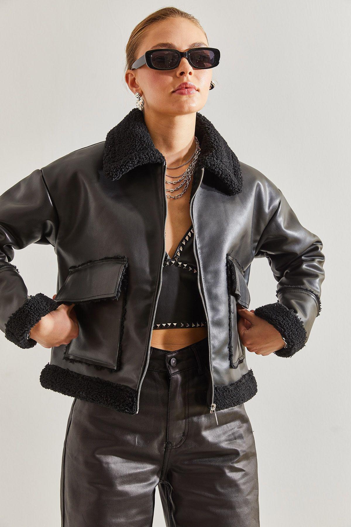 Black Leather Plush Coat, C101_5720, large image number 2