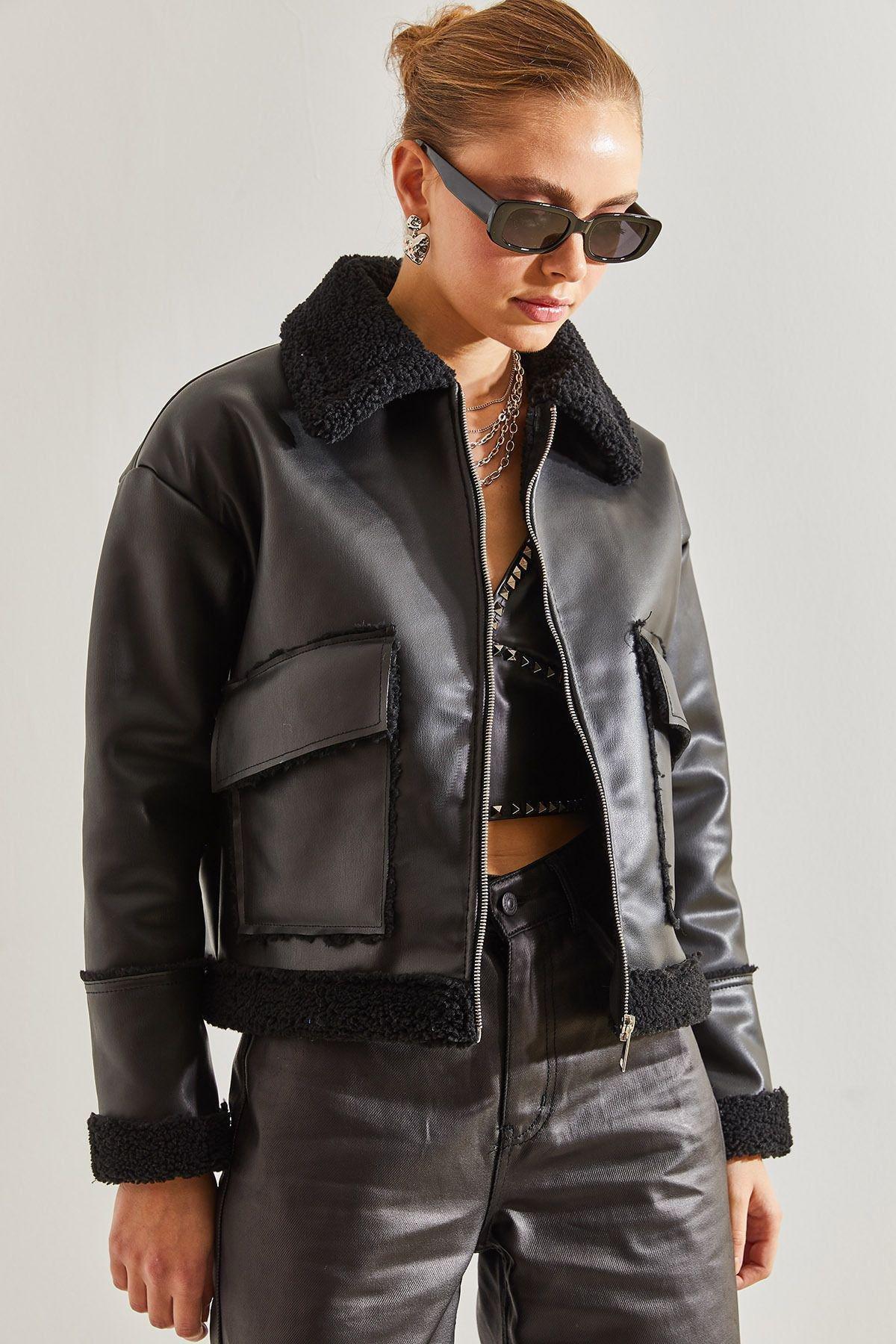 Black Leather Plush Coat, C101_5720, large image number 3