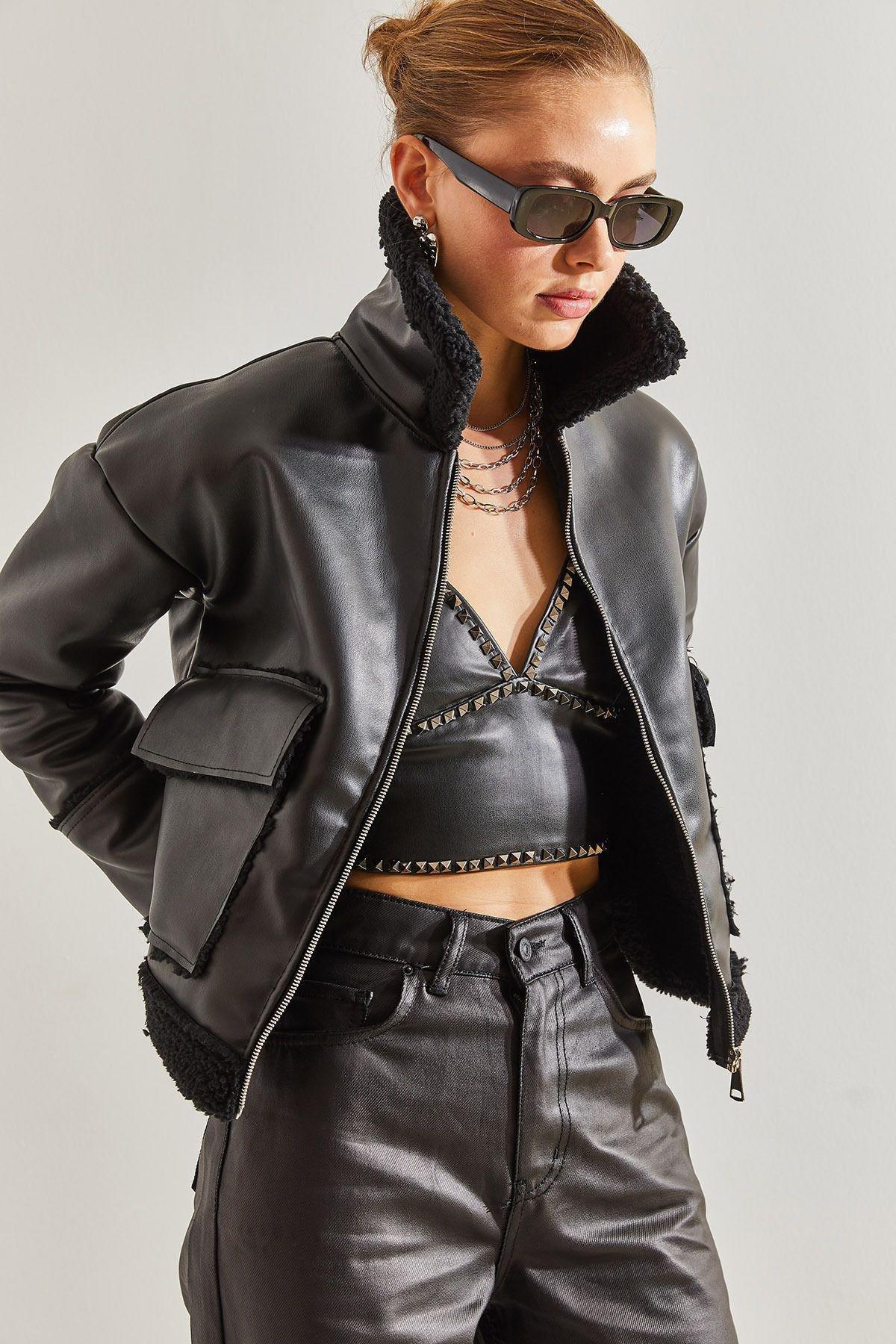 Black Leather Plush Coat, C101_5720, large image number 4