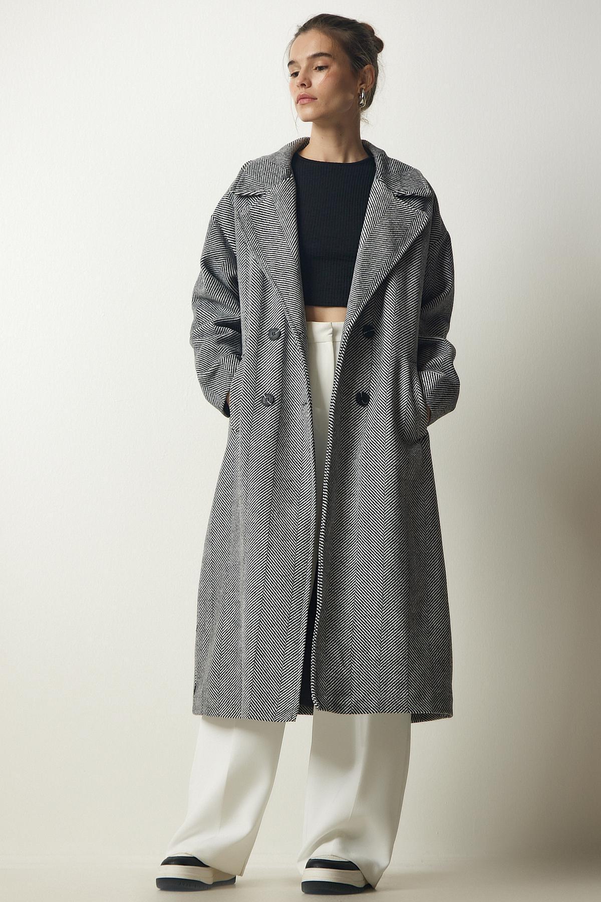 Happiness Istanbul - Grey Double Breasted Cachet Coat <br>