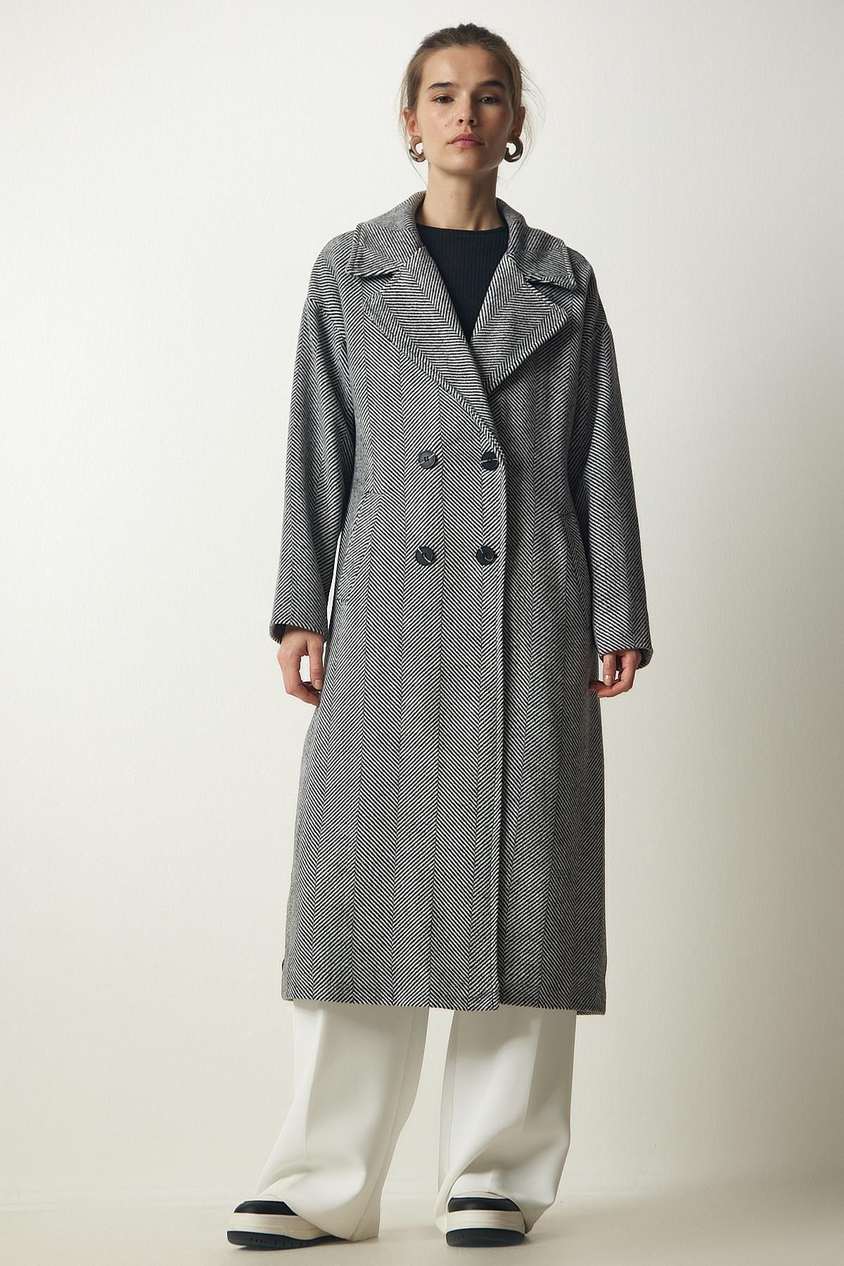 Happiness Istanbul - Grey Double Breasted Cachet Coat <br>