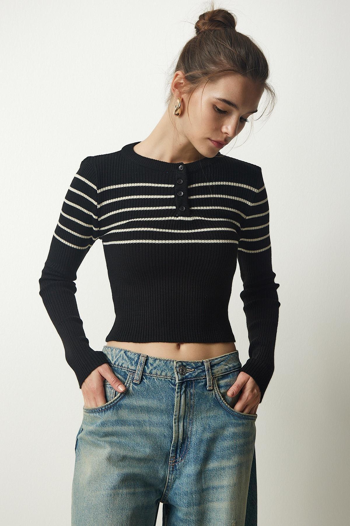 Cream Ribbed Crop Knitwear Blouse, BLACK CREAM, large image number 1