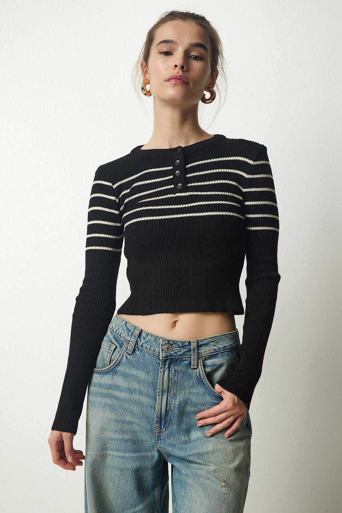 Cream Ribbed Crop Knitwear Blouse, BLACK CREAM, large image number 2