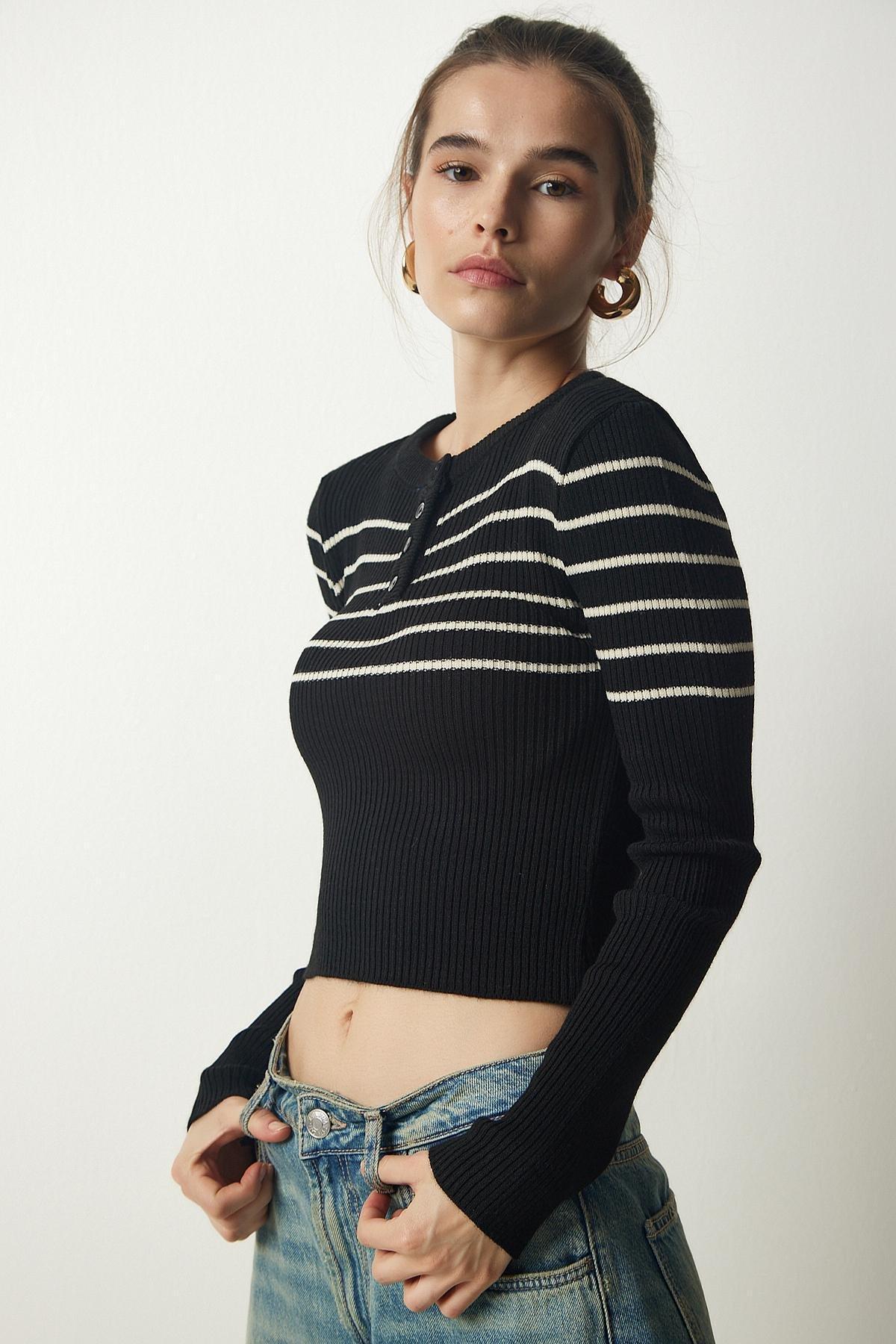 Cream Ribbed Crop Knitwear Blouse, BLACK CREAM, large image number 3