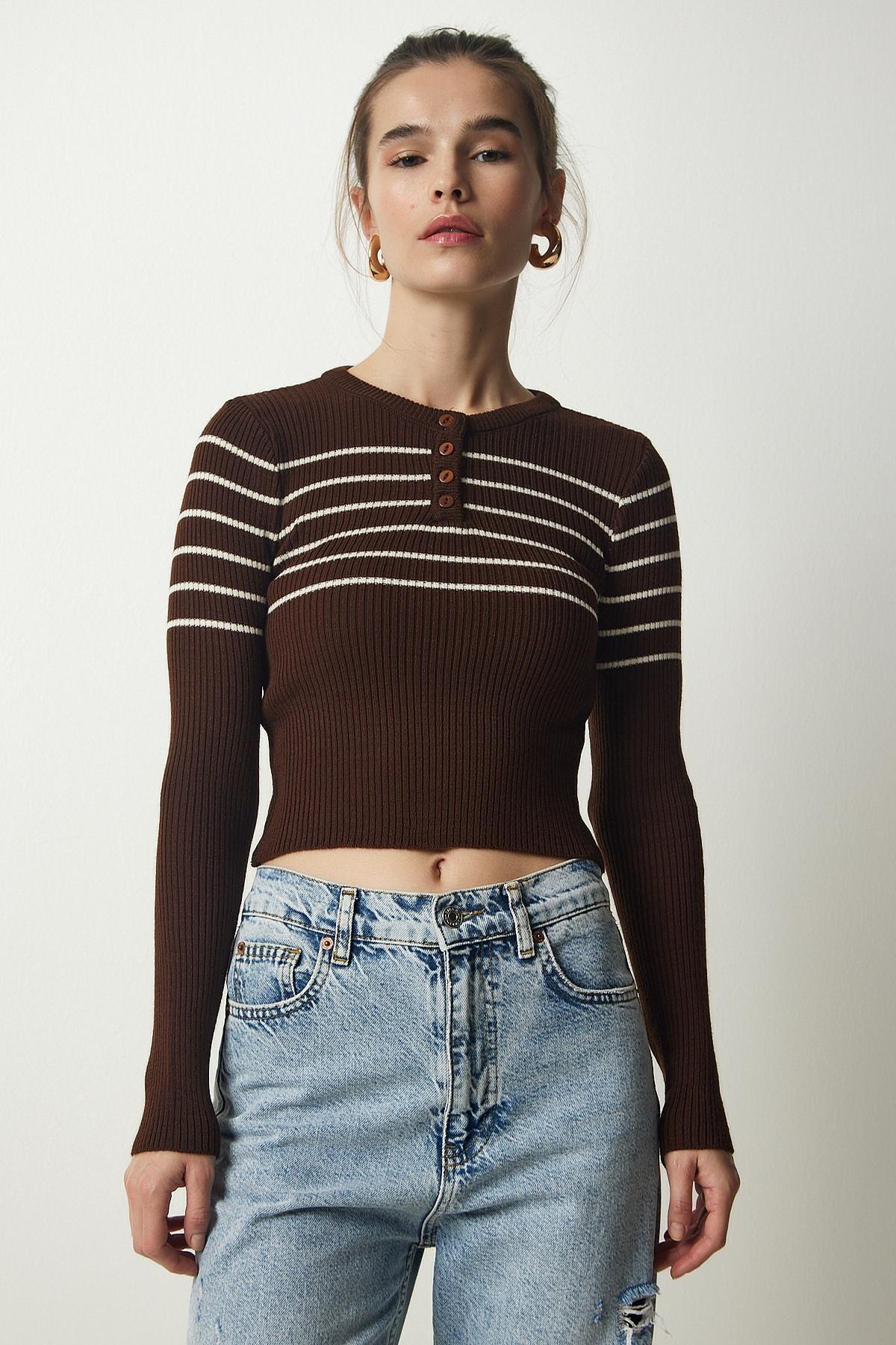 Cream Ribbed Crop Knitwear Blouse, , medium