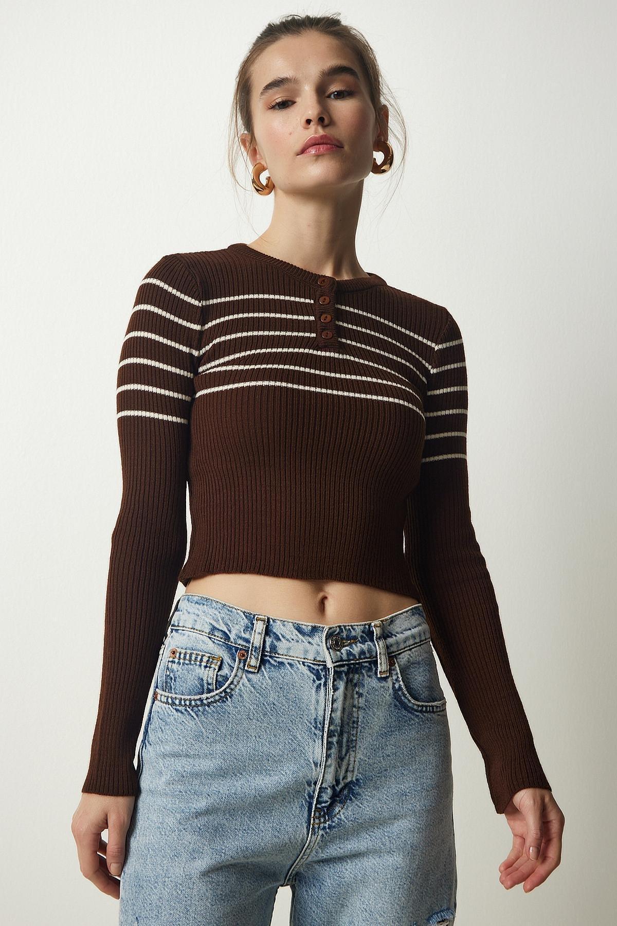 Cream Ribbed Crop Knitwear Blouse, Brown Cream, large image number 2