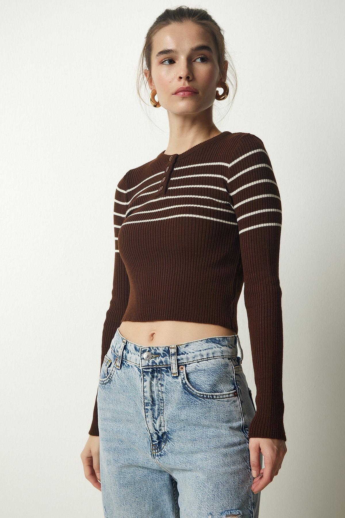 Cream Ribbed Crop Knitwear Blouse, Brown Cream, large image number 3