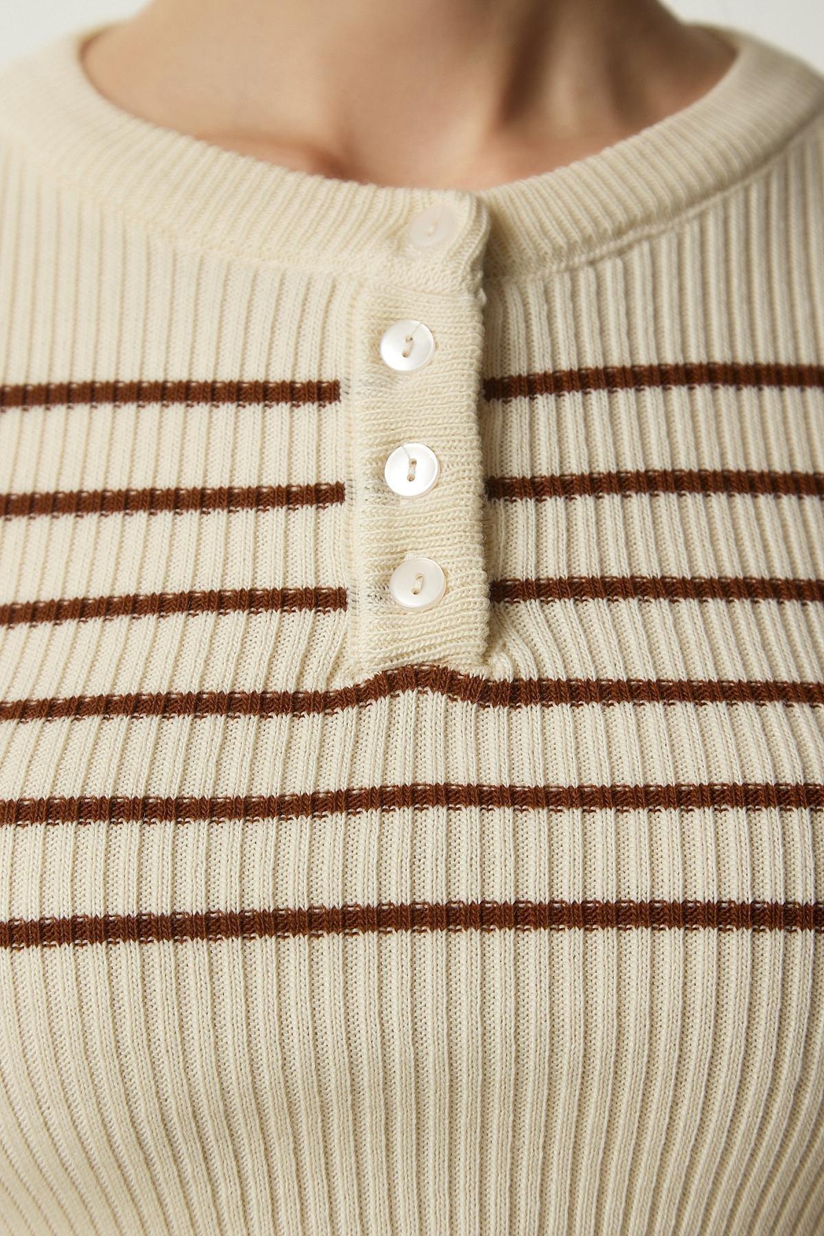 بلوزة قصيرة مُحاكة بنمط مضلع، بني, Cream Brown, large image number 3