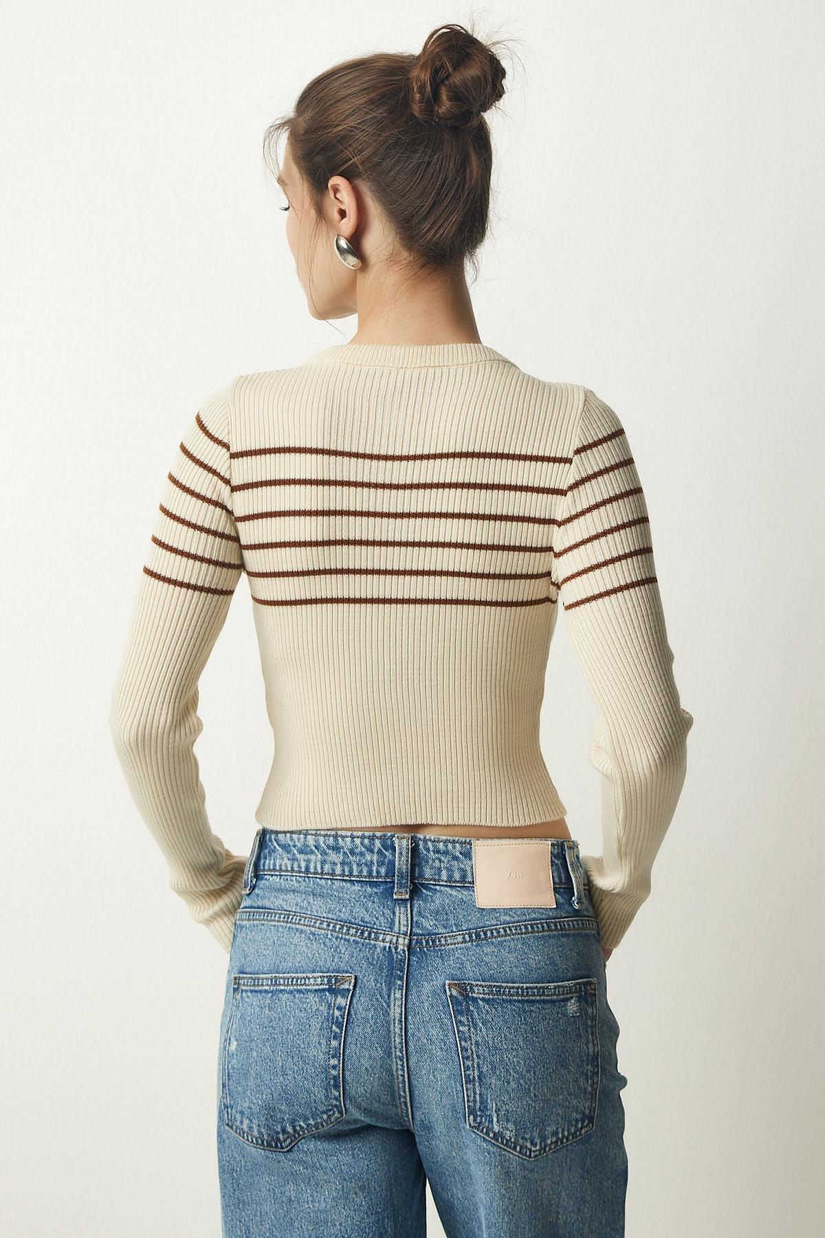 بلوزة قصيرة مُحاكة بنمط مضلع، بني, Cream Brown, large image number 4