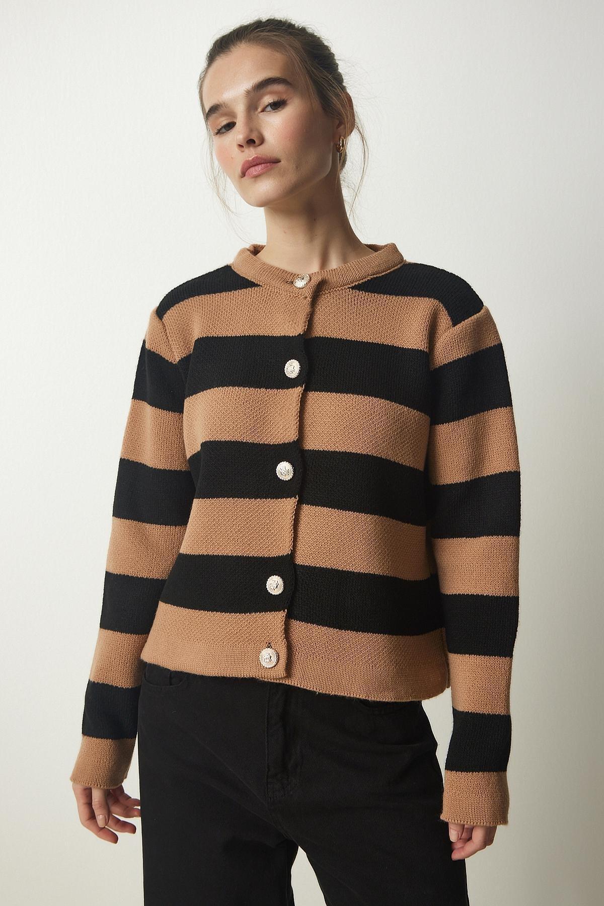 Black Buttoned Striped Knitwear Cardigan, BISCUIT BLACK, large image number 0