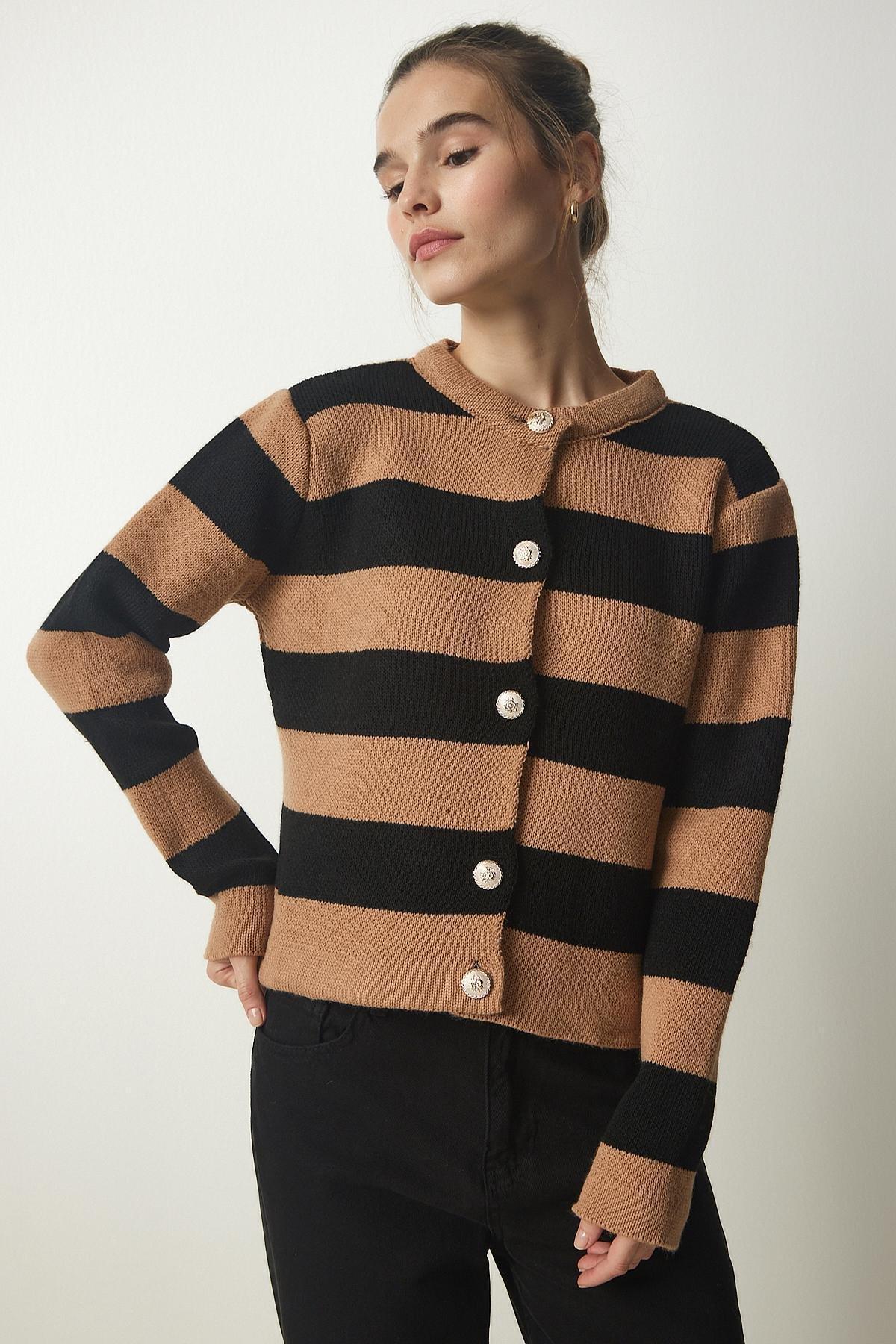 Black Buttoned Striped Knitwear Cardigan, BISCUIT BLACK, large image number 1