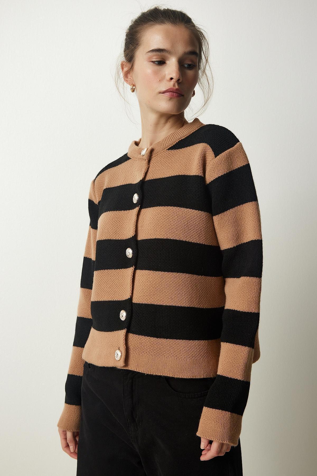 Black Buttoned Striped Knitwear Cardigan, BISCUIT BLACK, large image number 2