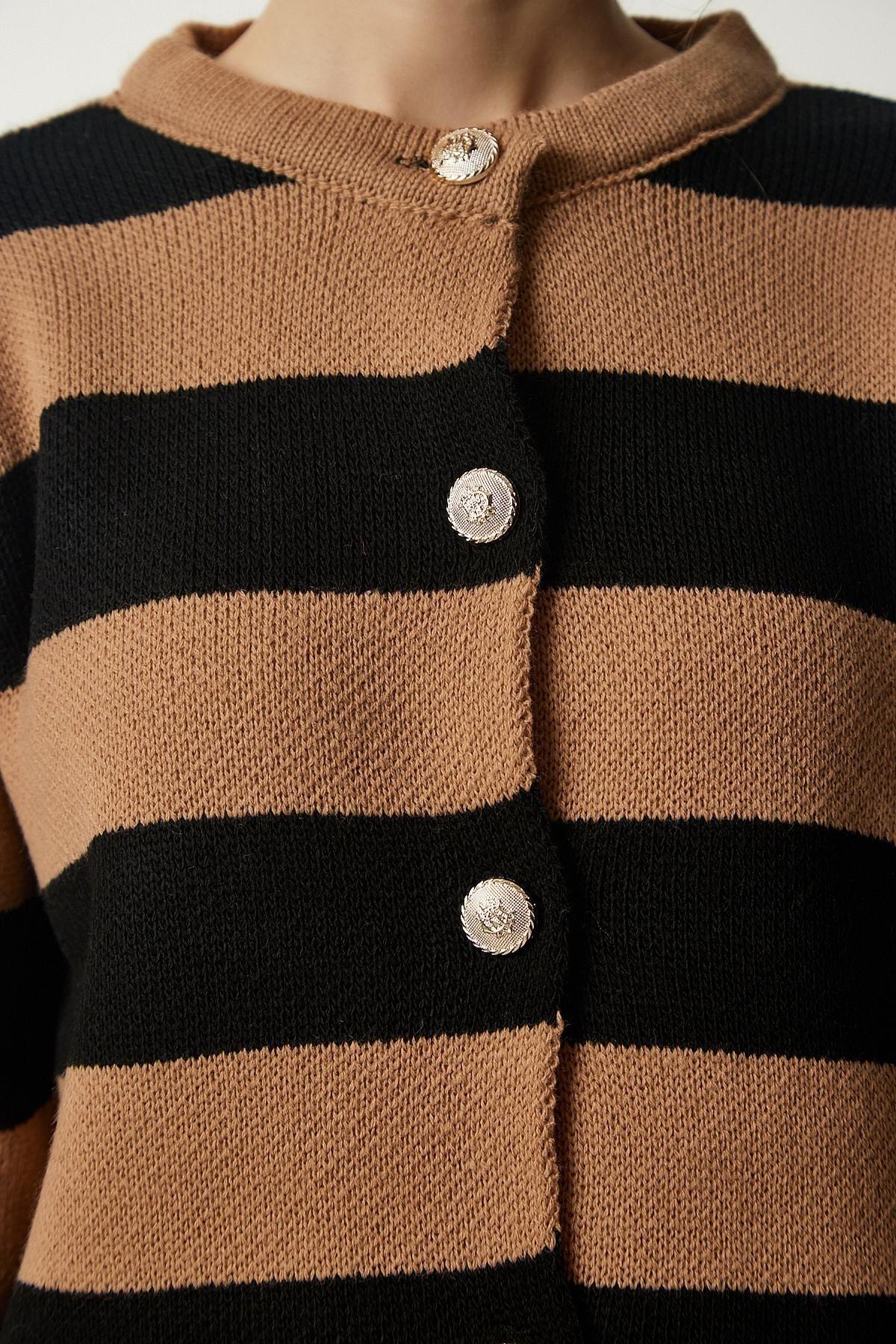 Black Buttoned Striped Knitwear Cardigan, BISCUIT BLACK, large image number 3