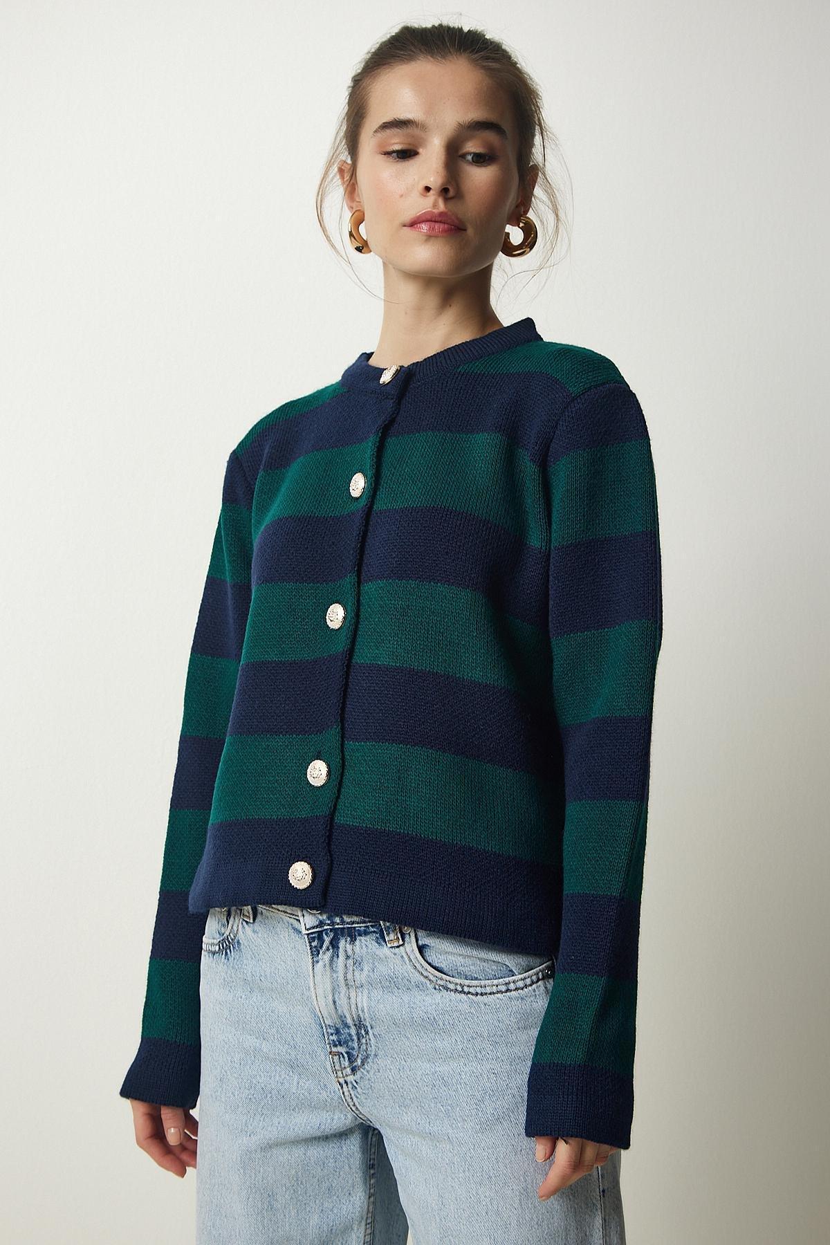 Womens Navy Blue Green Stylish Buttoned Striped Knitwear Cardigan NF00078, single, NAVY BLUE GREEN, large image number 0