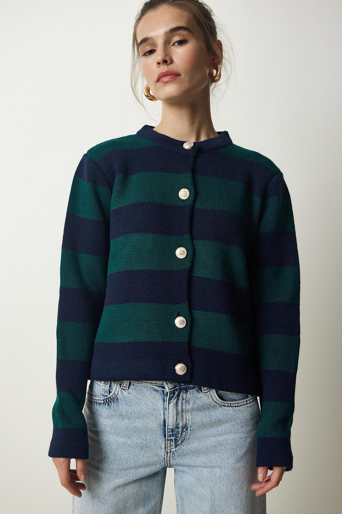 Womens Navy Blue Green Stylish Buttoned Striped Knitwear Cardigan NF00078, single, NAVY BLUE GREEN, large image number 1