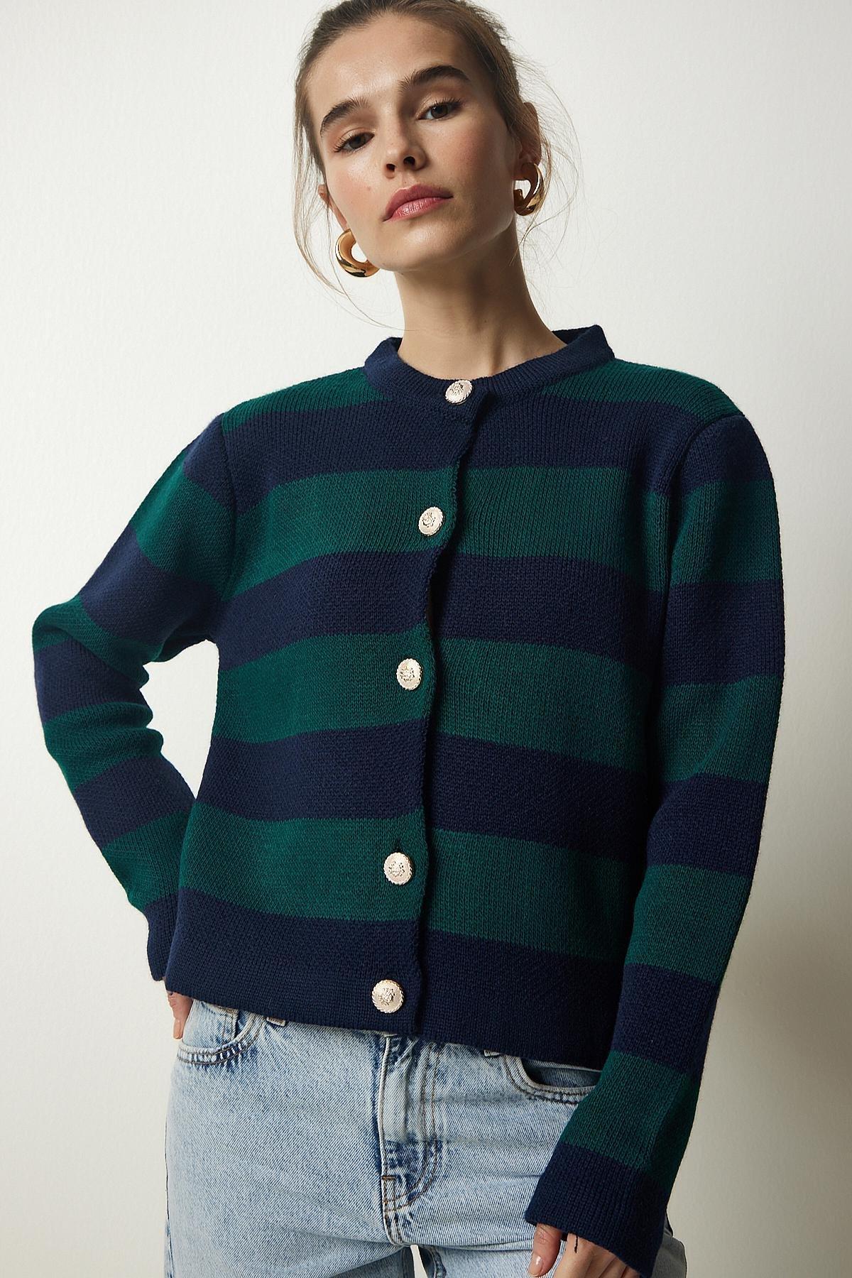 Womens Navy Blue Green Stylish Buttoned Striped Knitwear Cardigan NF00078, single, NAVY BLUE GREEN, large image number 2