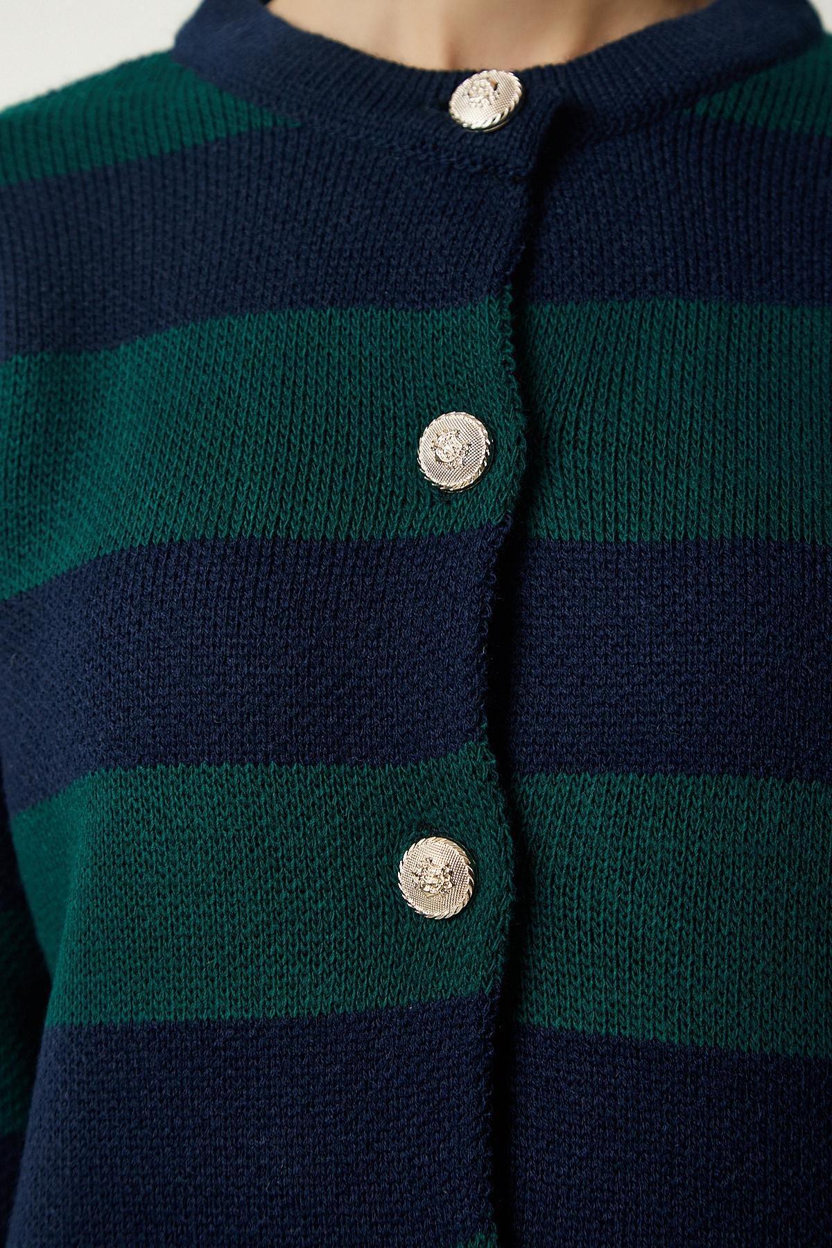 Womens Navy Blue Green Stylish Buttoned Striped Knitwear Cardigan NF00078, single, NAVY BLUE GREEN, large image number 3