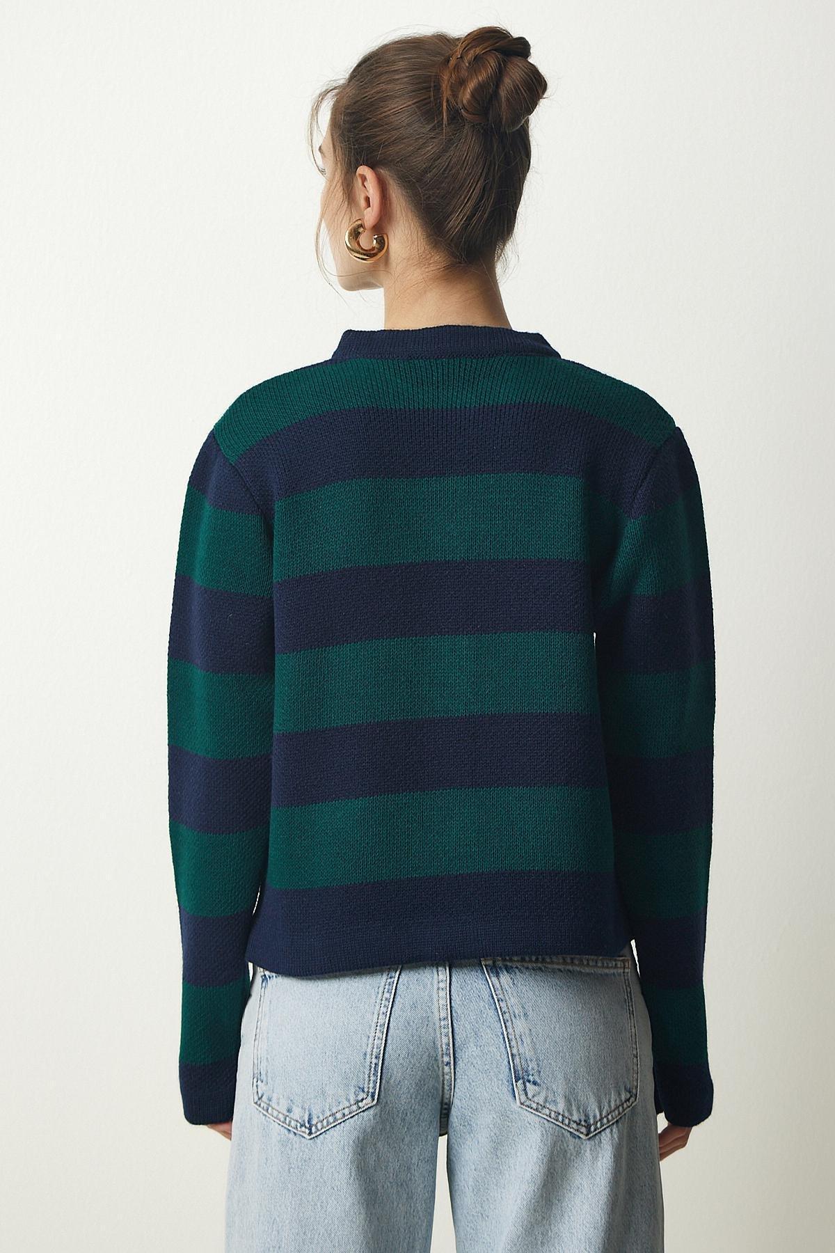 Womens Navy Blue Green Stylish Buttoned Striped Knitwear Cardigan NF00078, single, NAVY BLUE GREEN, large image number 4