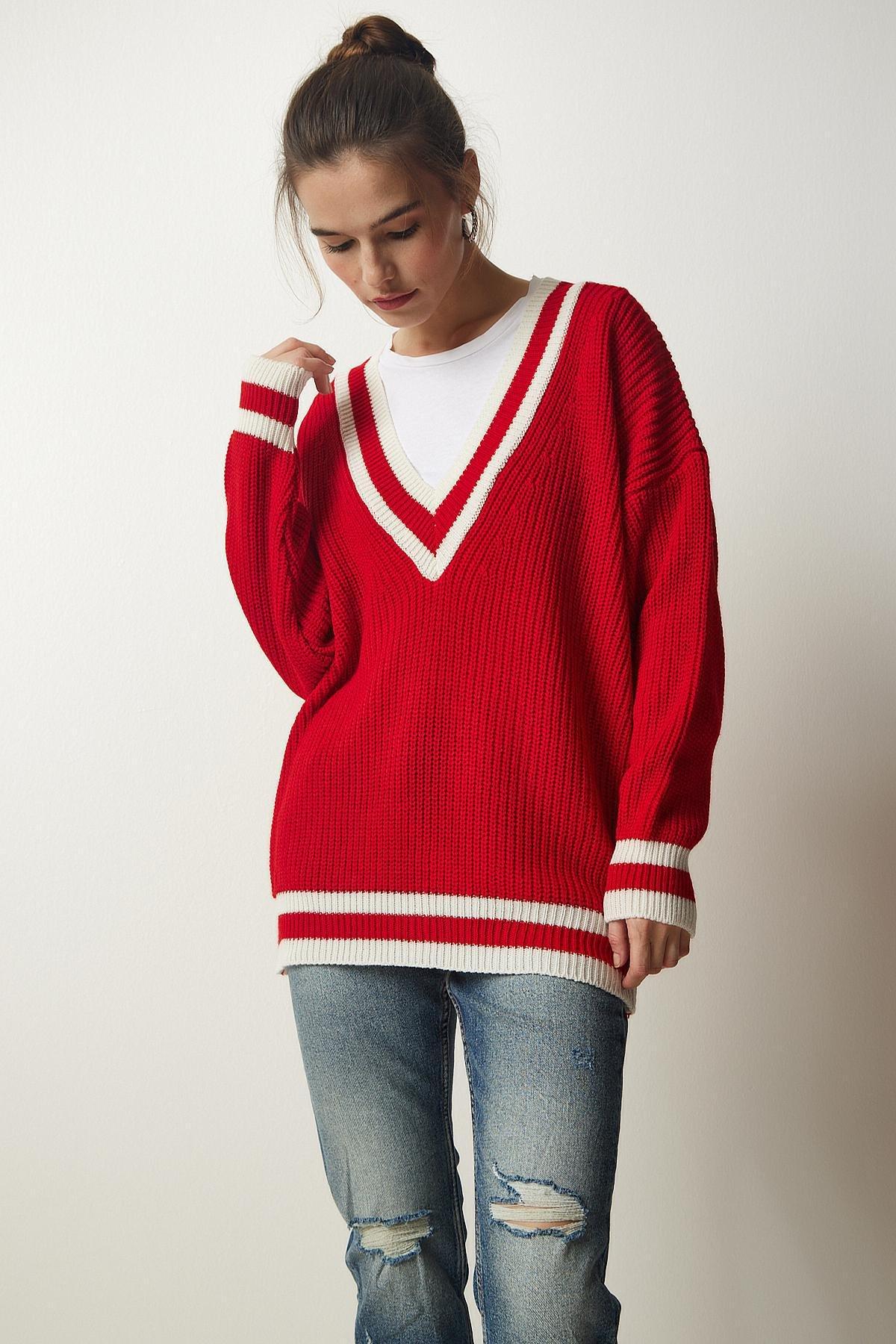 Red V-Neck Oversize Knitwear Sweater, Red, large image number 0