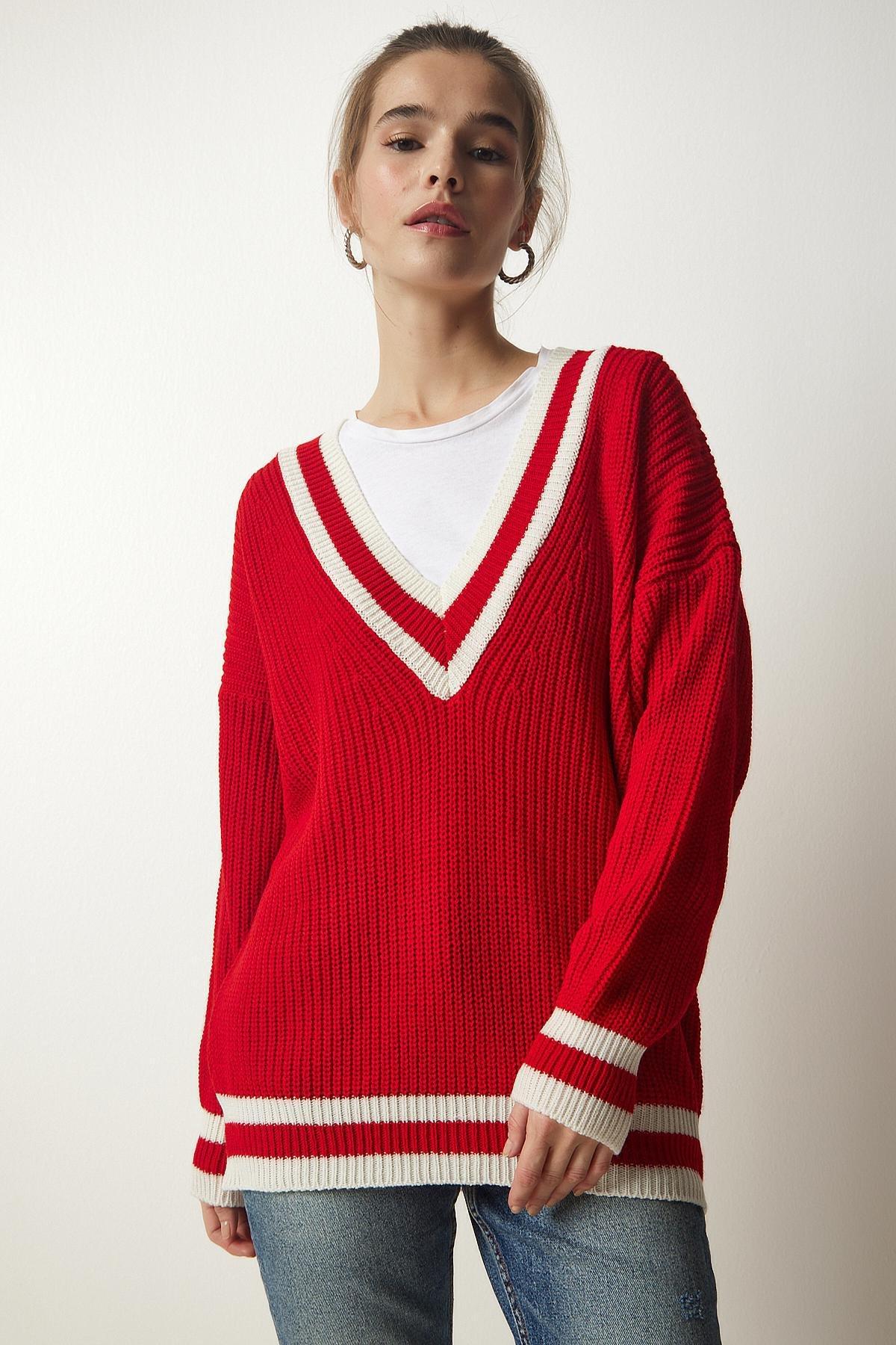 Red V-Neck Oversize Knitwear Sweater, Red, large image number 1