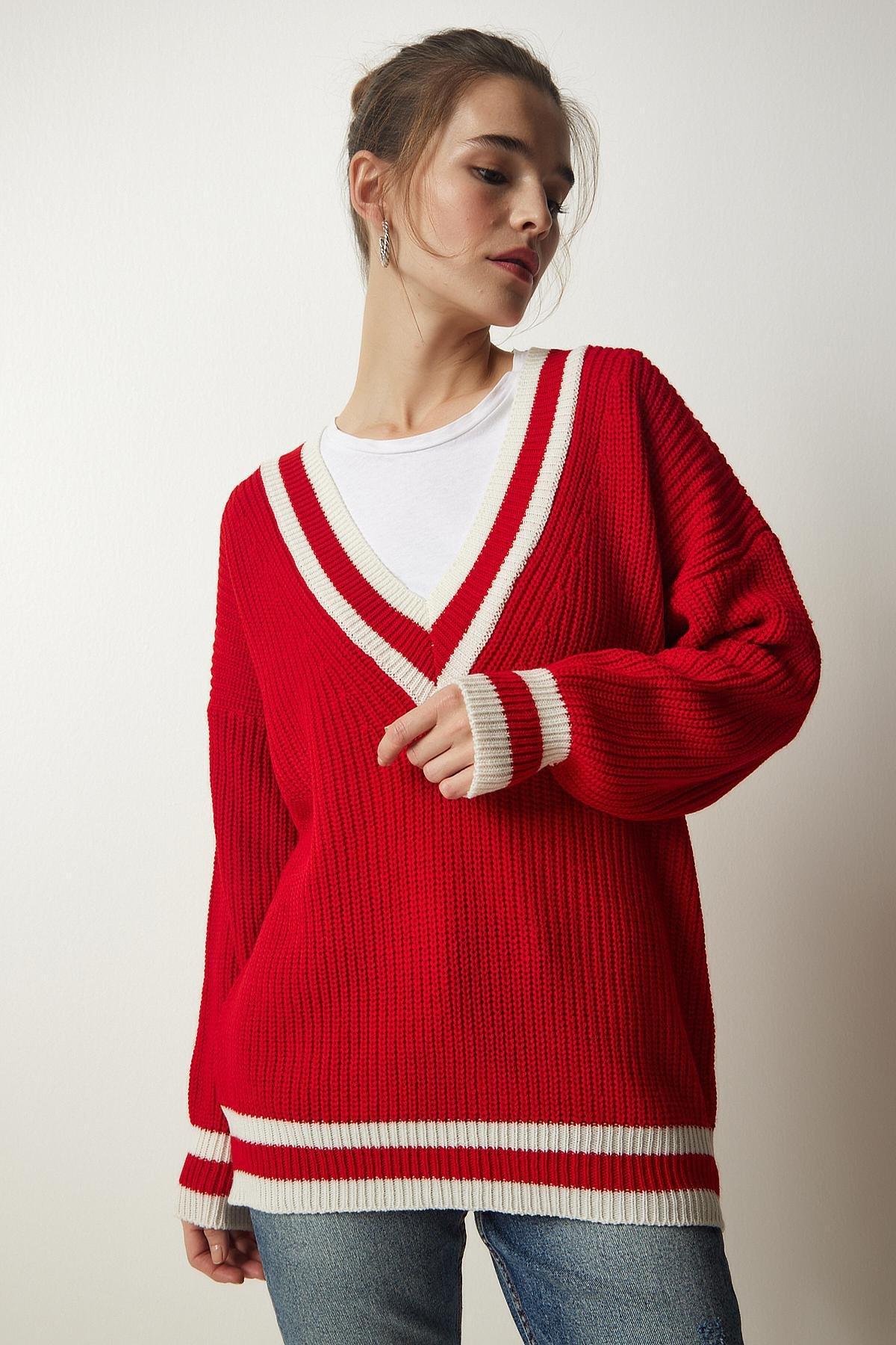 Red V-Neck Oversize Knitwear Sweater, Red, large image number 2