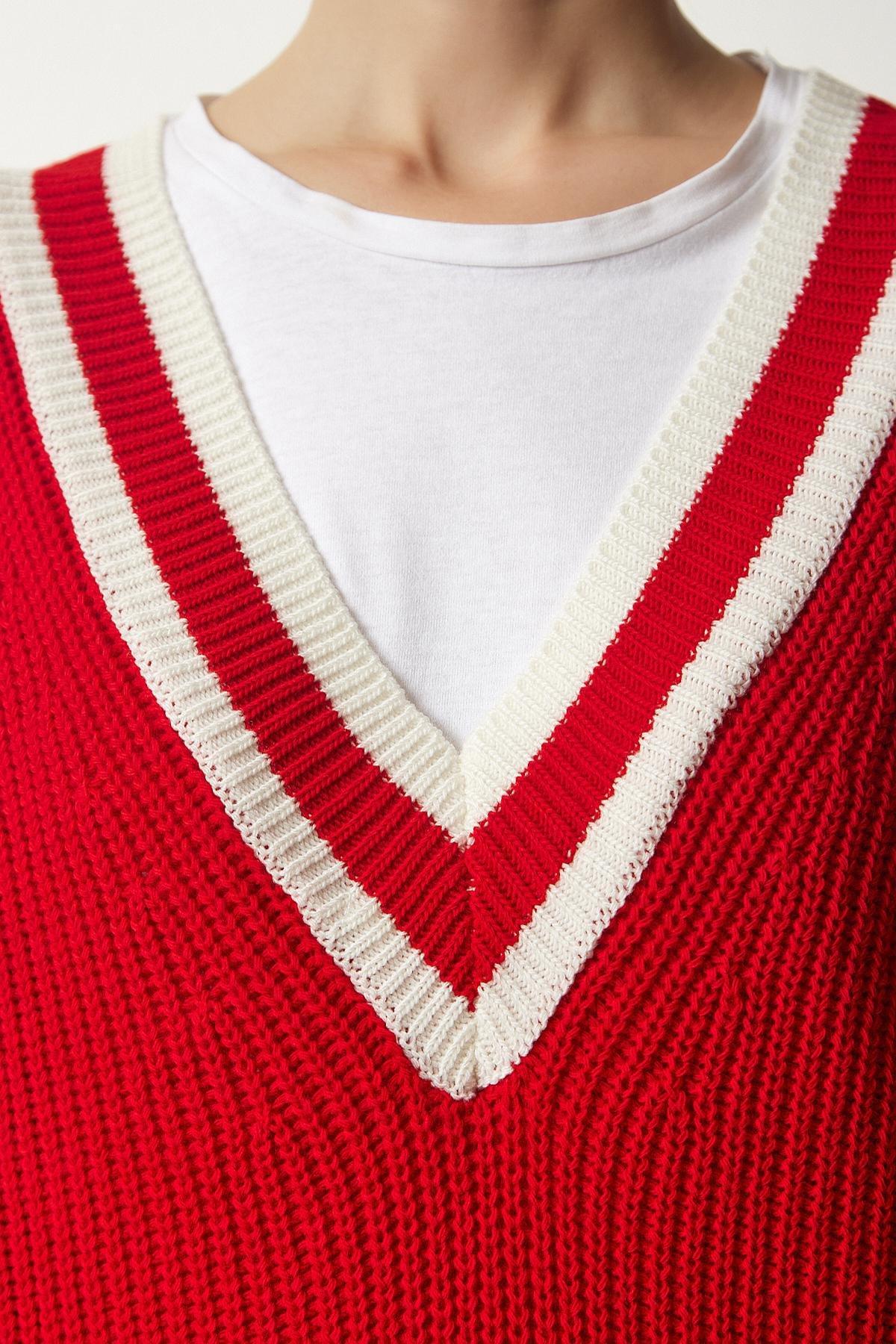 Red V-Neck Oversize Knitwear Sweater, Red, large image number 3