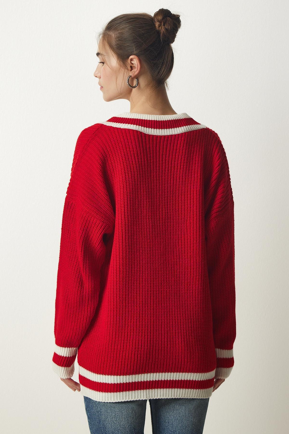 Red V-Neck Oversize Knitwear Sweater, Red, large image number 4