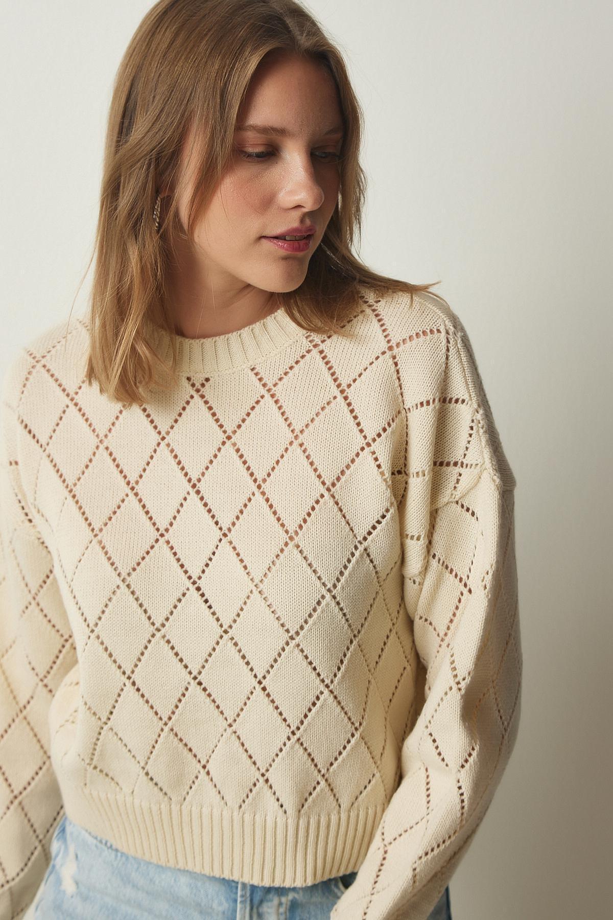 Cream Patterned Openwork Sweater, C101_162, large image number 0