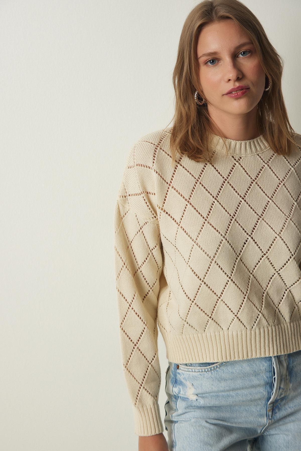 Cream Patterned Openwork Sweater, C101_162, large image number 1