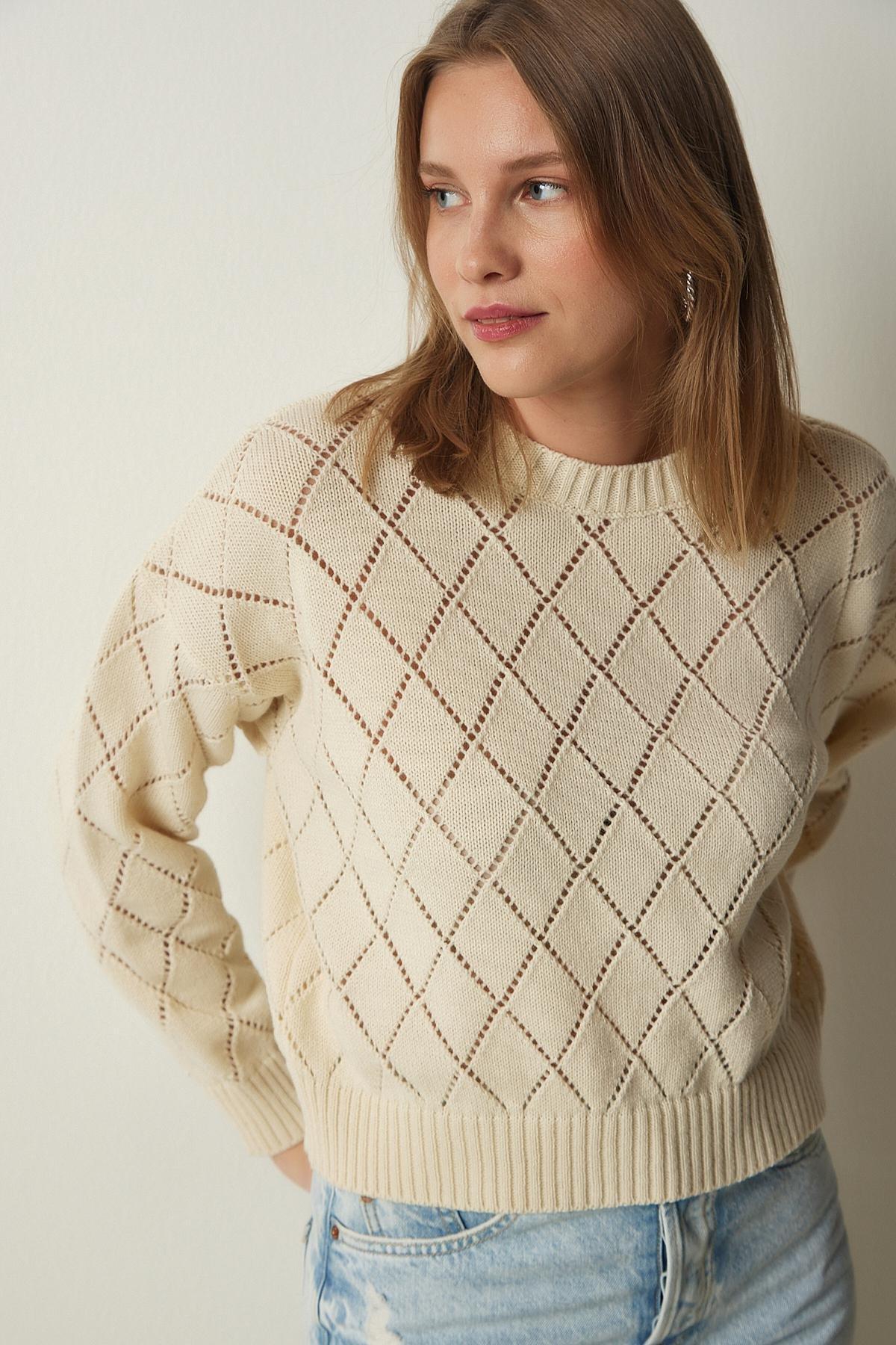 Cream Patterned Openwork Sweater, C101_162, large image number 2