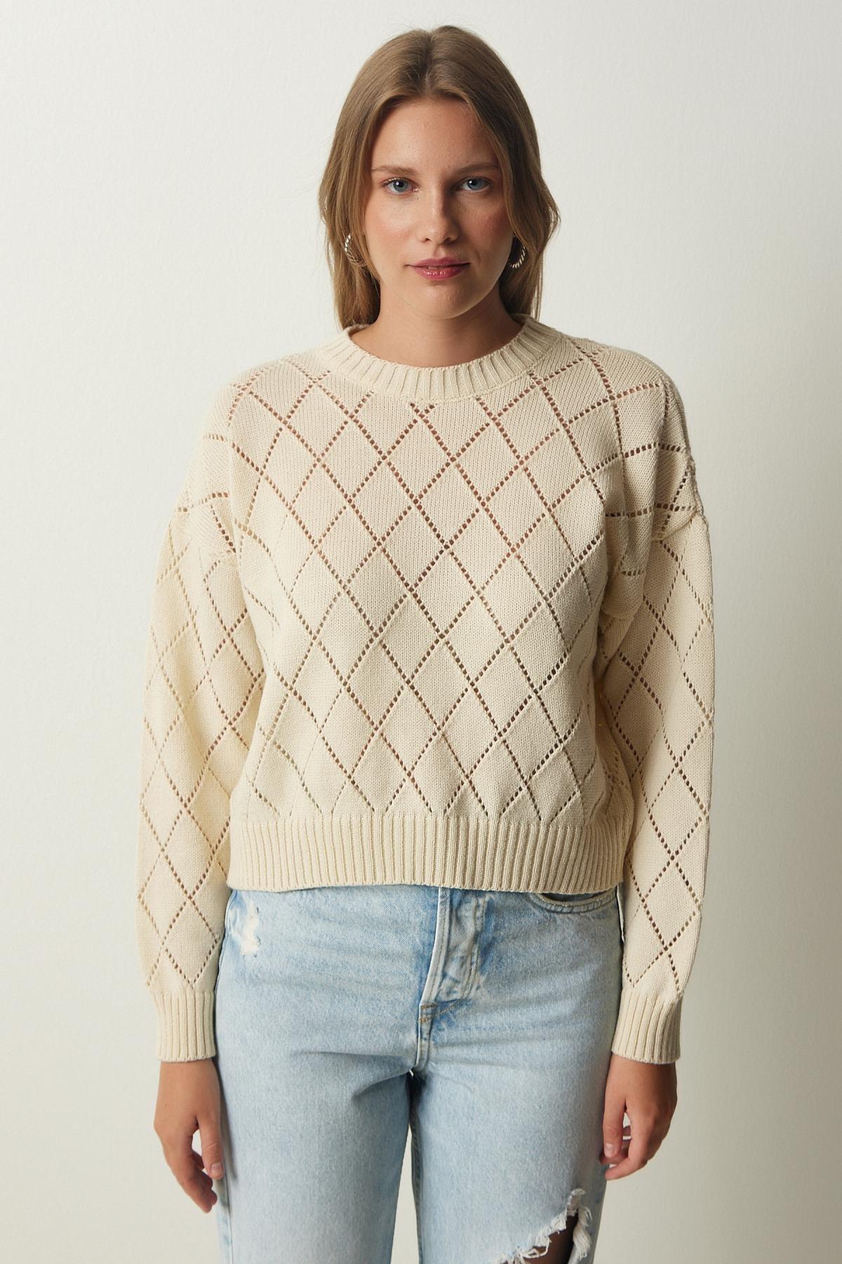 Cream Patterned Openwork Sweater, C101_162, large image number 3