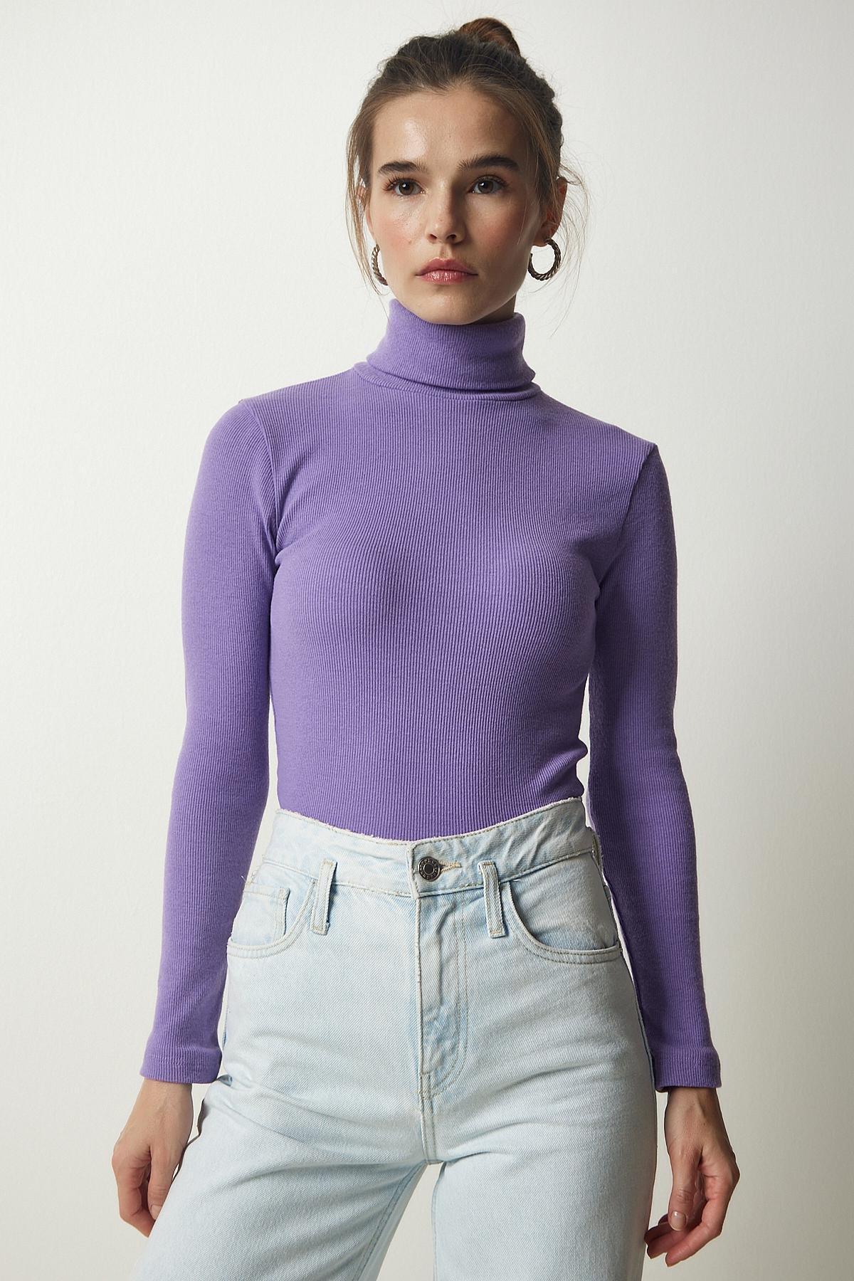 Pink Turtleneck Corduroy Blouse, Lilac, large image number 1