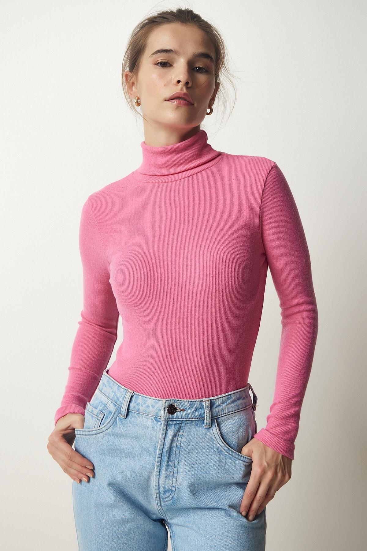 Pink Turtleneck Corded Blouse, , medium