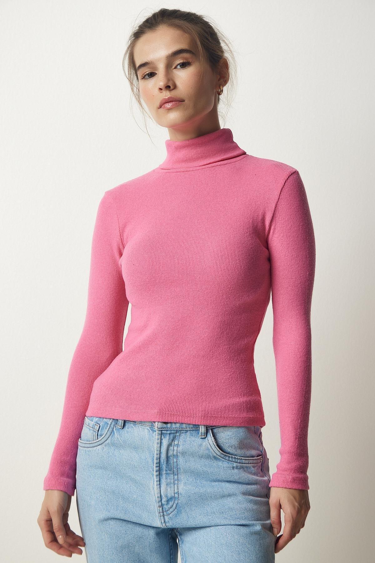 Pink Turtleneck Corded Blouse, Pink, large image number 1