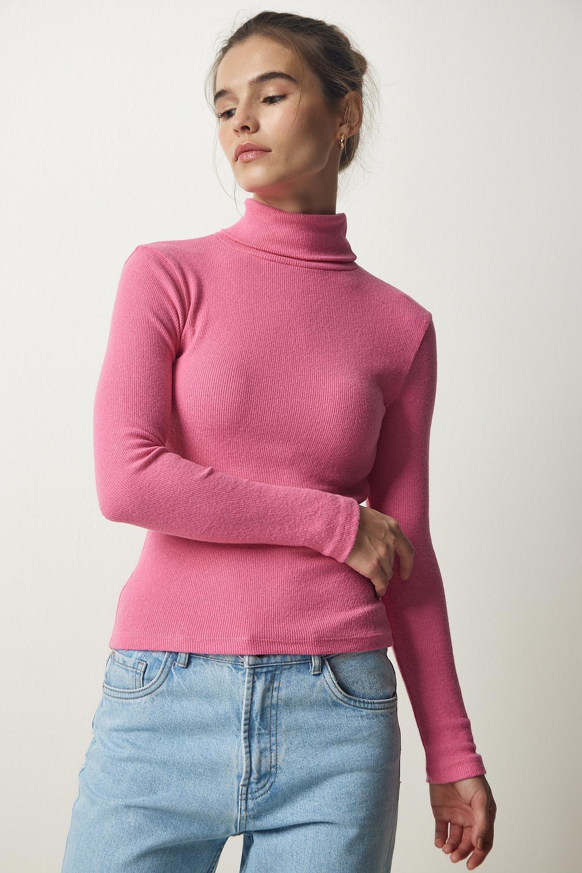 Pink Turtleneck Corded Blouse, Pink, large image number 2