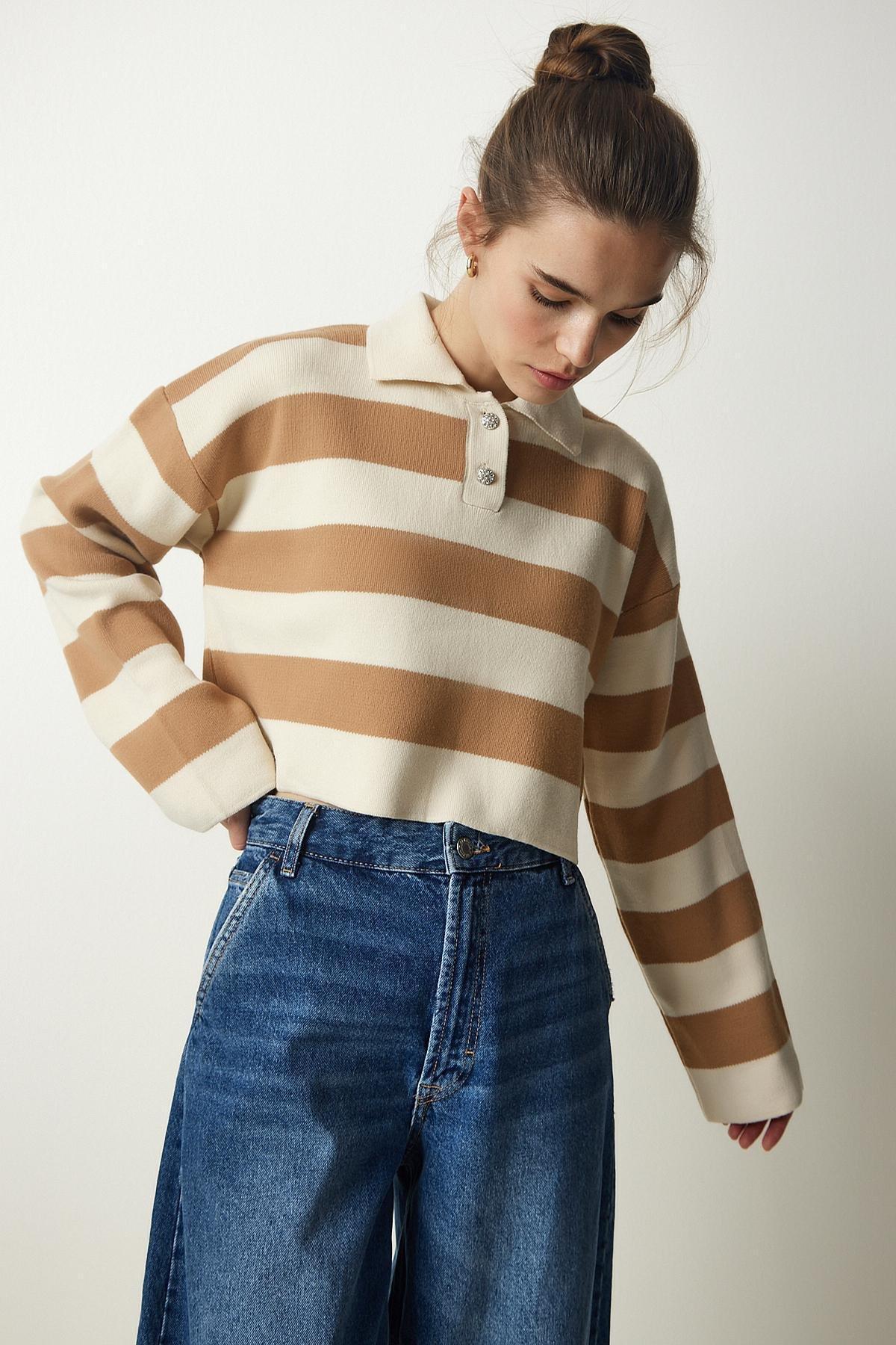 Cream Buttoned Collar Striped Crop Sweater, Cream Biscuits, large image number 0