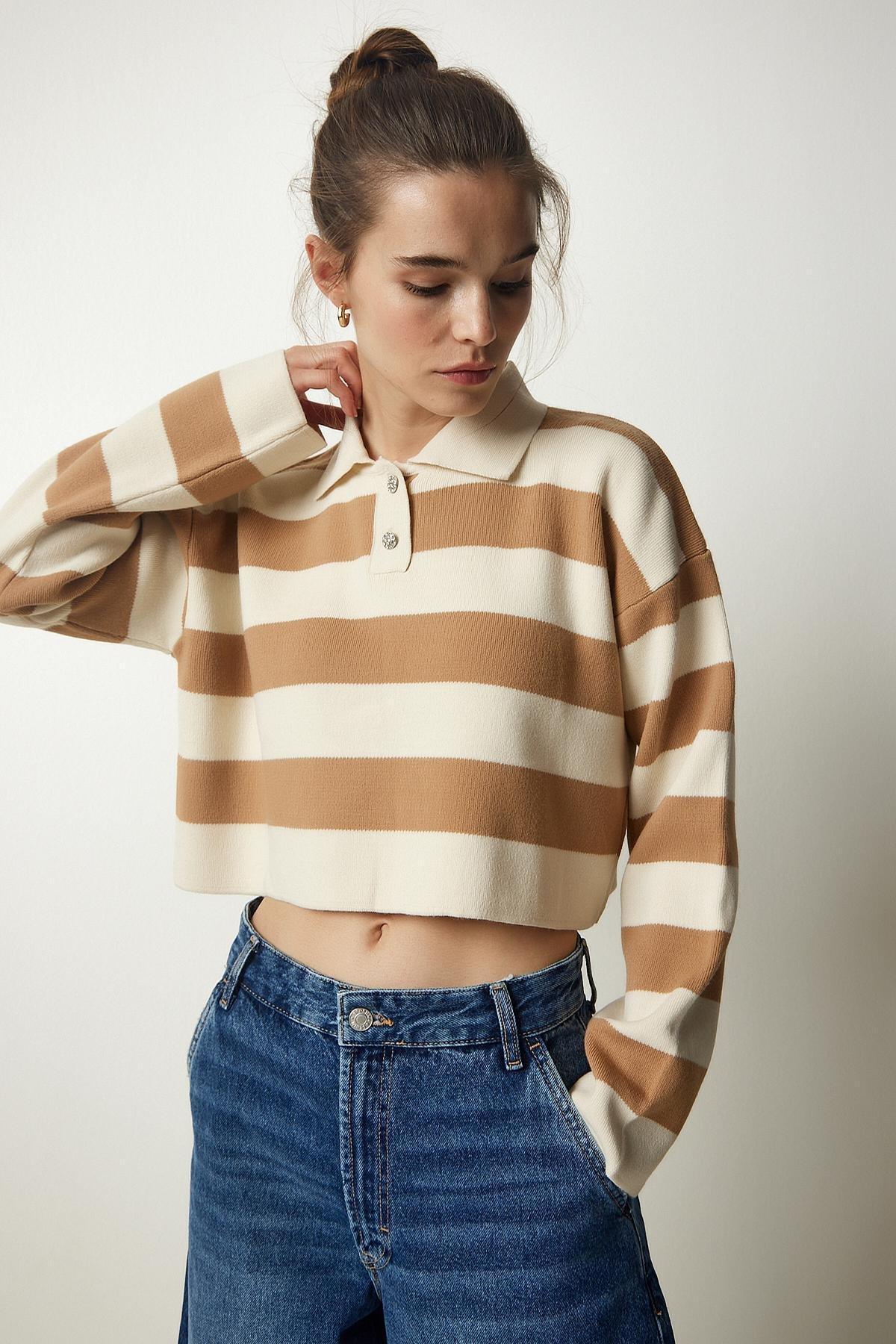 Cream Buttoned Collar Striped Crop Sweater, Cream Biscuits, large image number 1