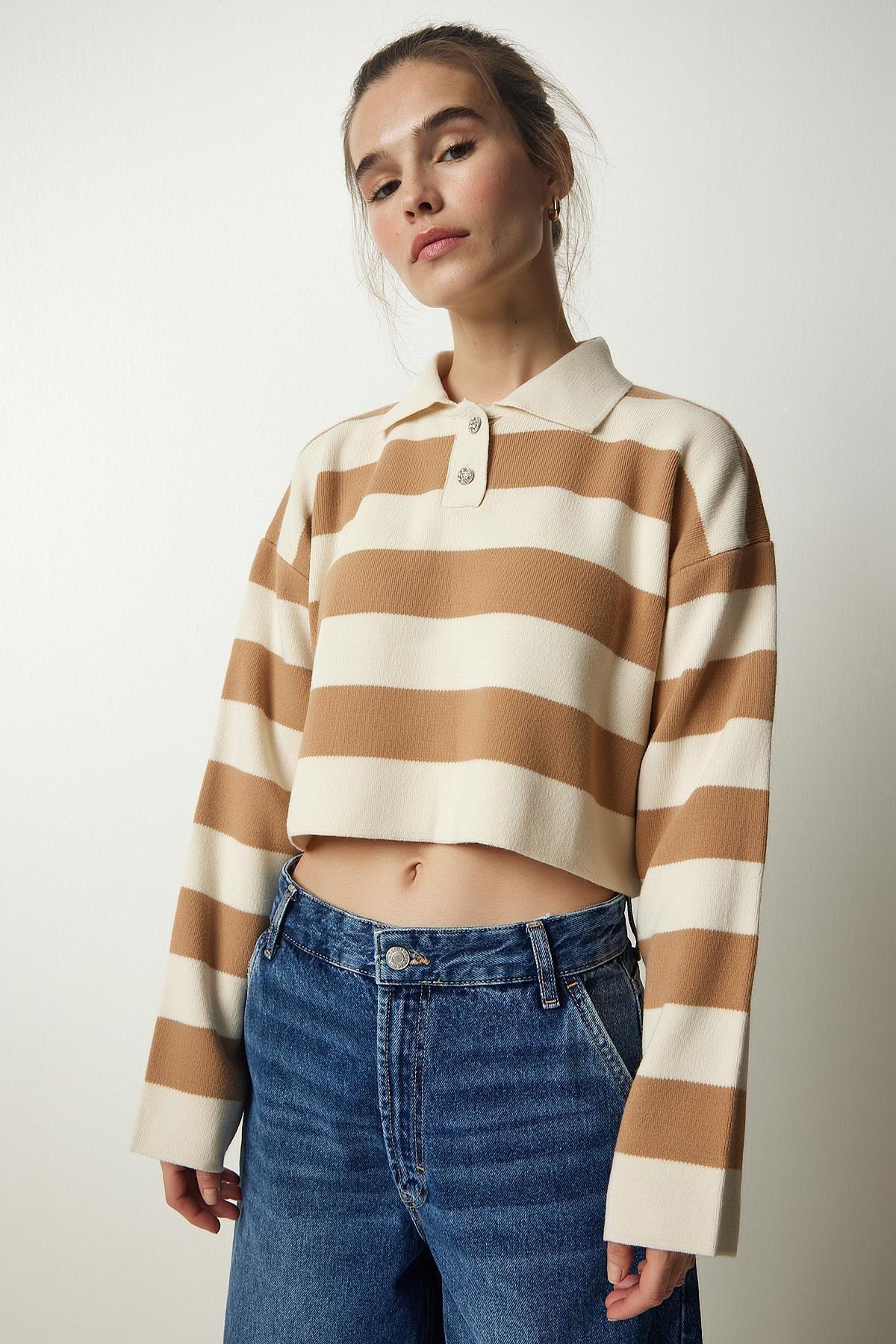 Cream Buttoned Collar Striped Crop Sweater, Cream Biscuits, large image number 2