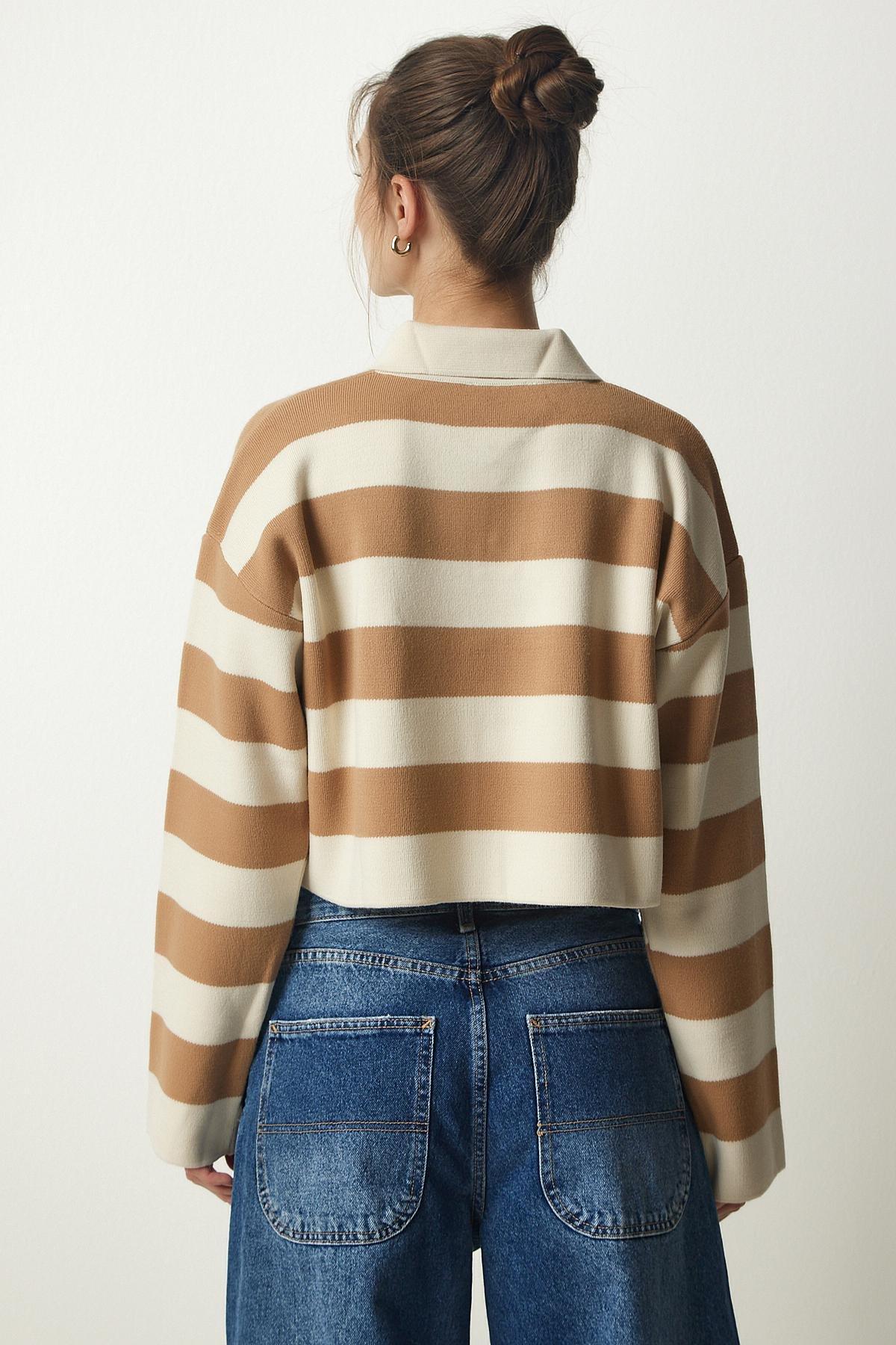 Cream Buttoned Collar Striped Crop Sweater, Cream Biscuits, large image number 4