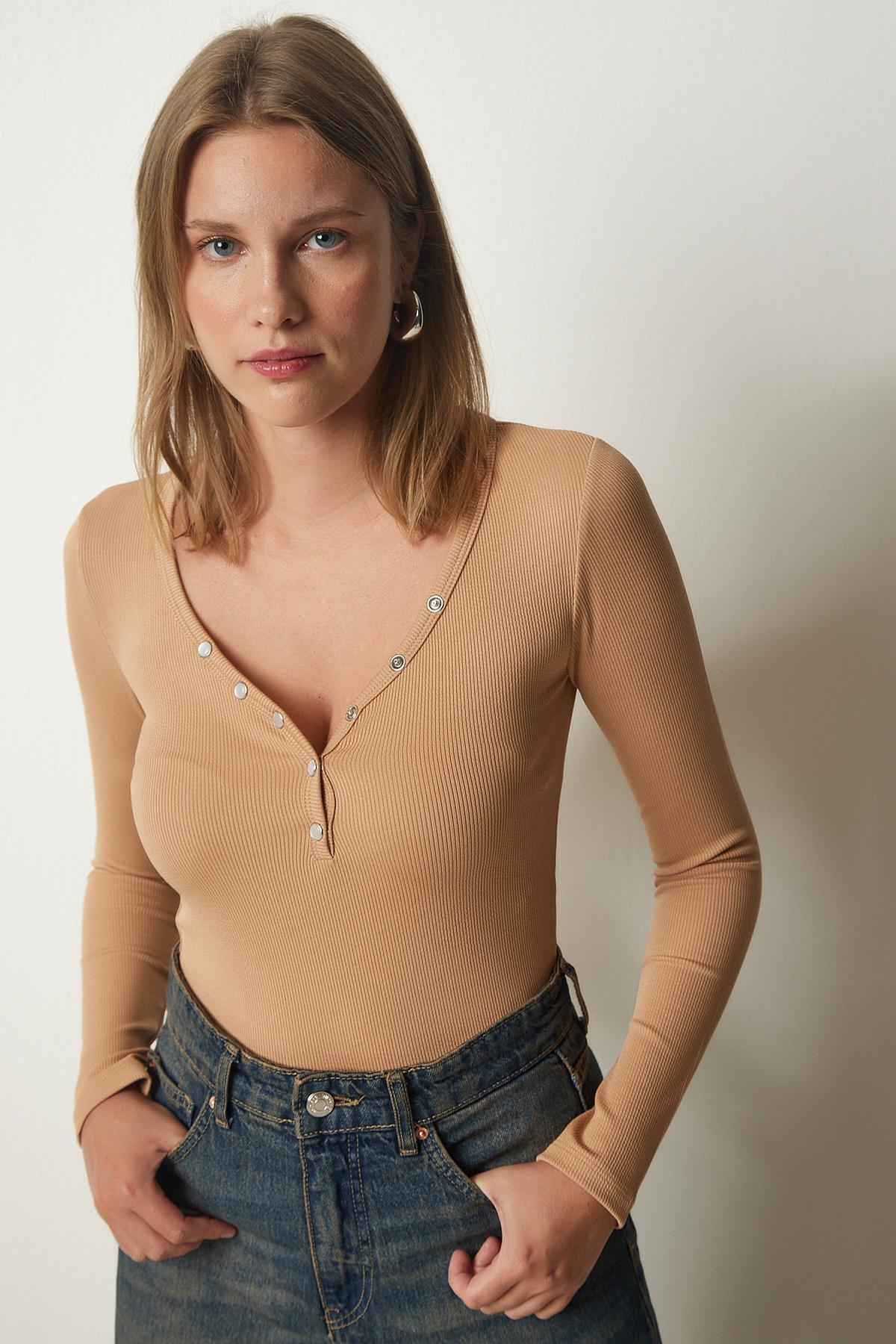 Beige V-Neck Ribbed Crop Knitted Blouse, , large image number 0