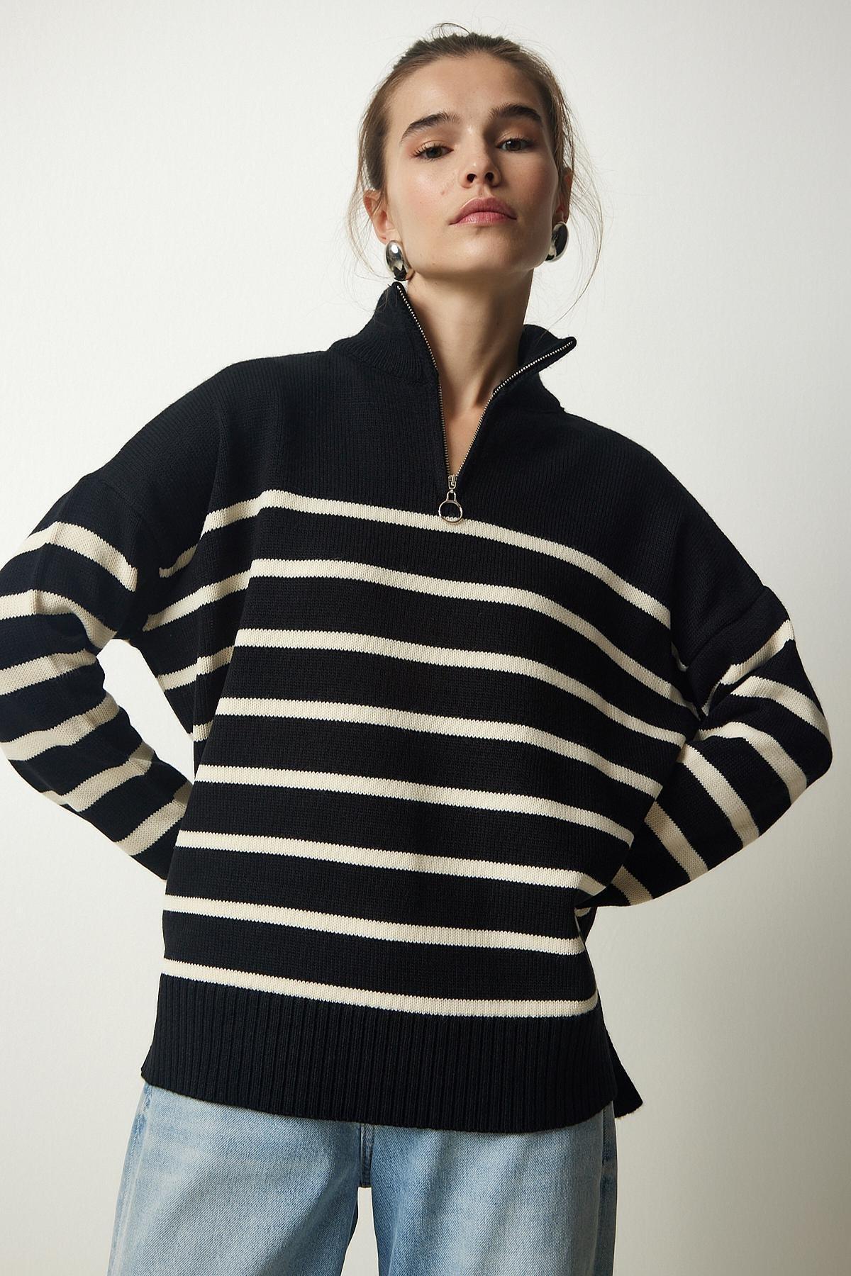 Womens Black and White Zippered Collar Striped Knitwear Sweater PF00045, single, , large image number 0