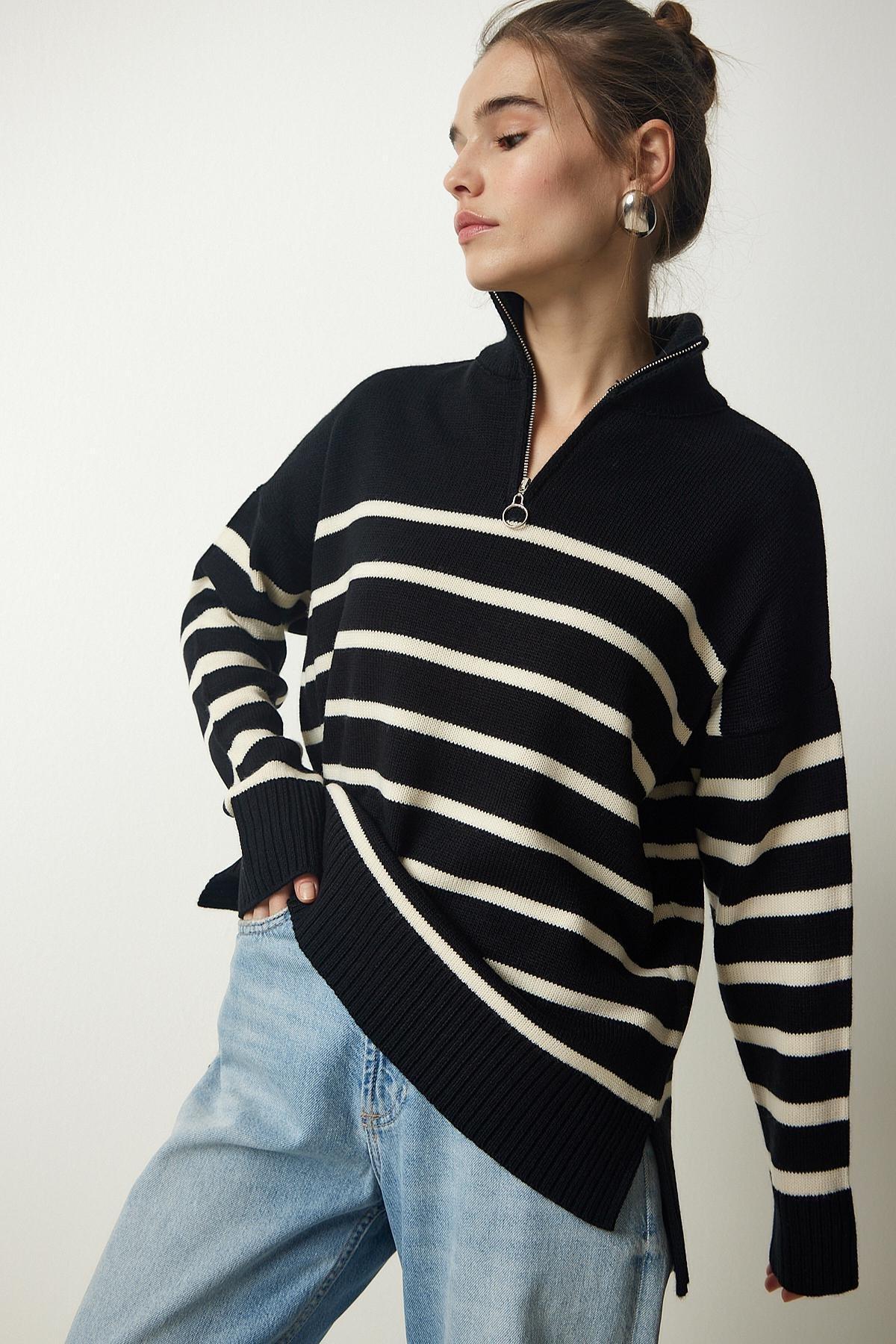 Womens Black and White Zippered Collar Striped Knitwear Sweater PF00045, single, , large image number 1